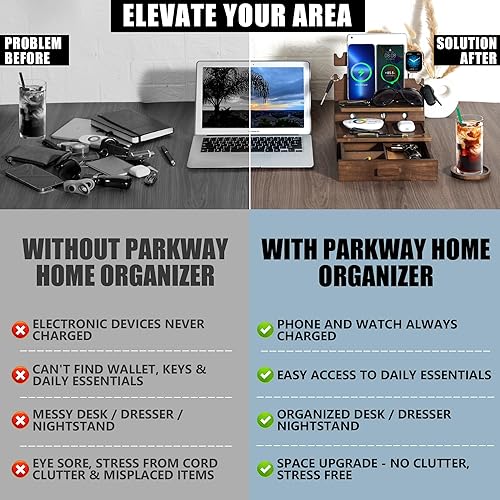 Miniatura 4 de Estación de acoplamiento de madera para hasta 3 teléfonos, organizador de mesita de noche con cajón para objetos de valor para hombres y mujeres,