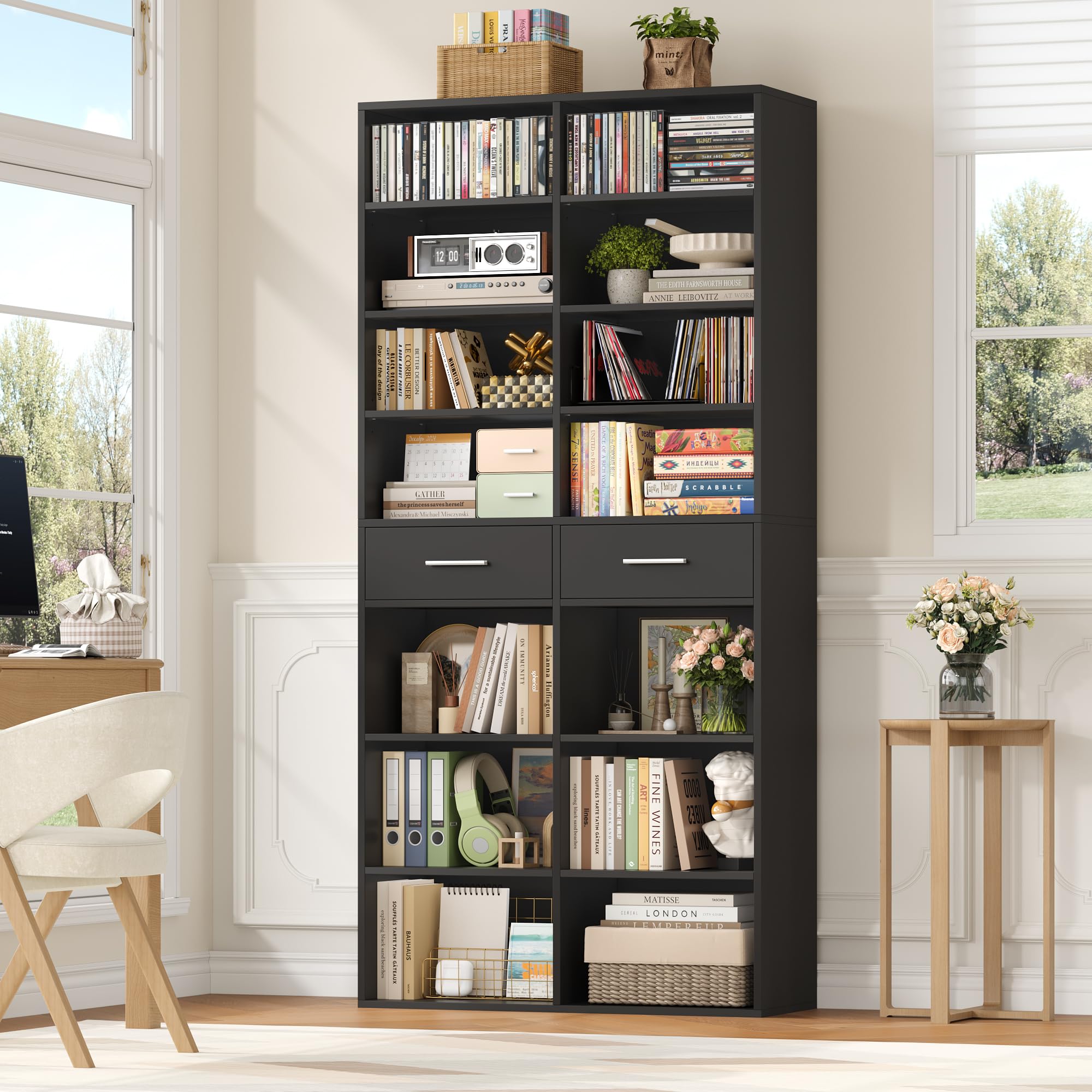 HOCSOK Estantería de 185,5 cm de alto con 2 cajones, estantería de 8 niveles, estantería de almacenamiento abierta para estudio, oficina, salón, dormitorio, color negro