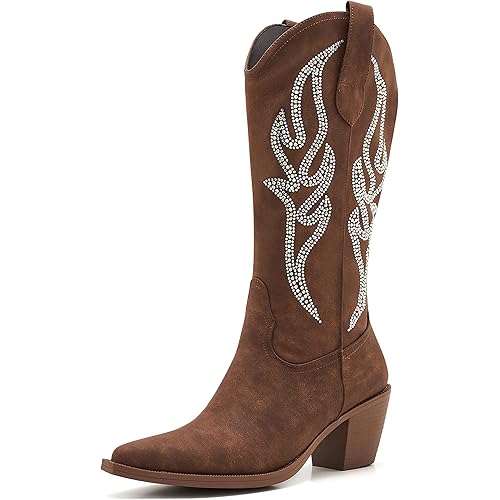 Cowboy Boots For Women -Wide Calf Knee High Cowgirl Boots Botas Vaqueras Para Mujer Classic Embroidered Slip On Pointed Toe Thick Heel western Tall Boots Great For Country Concerts and Parties