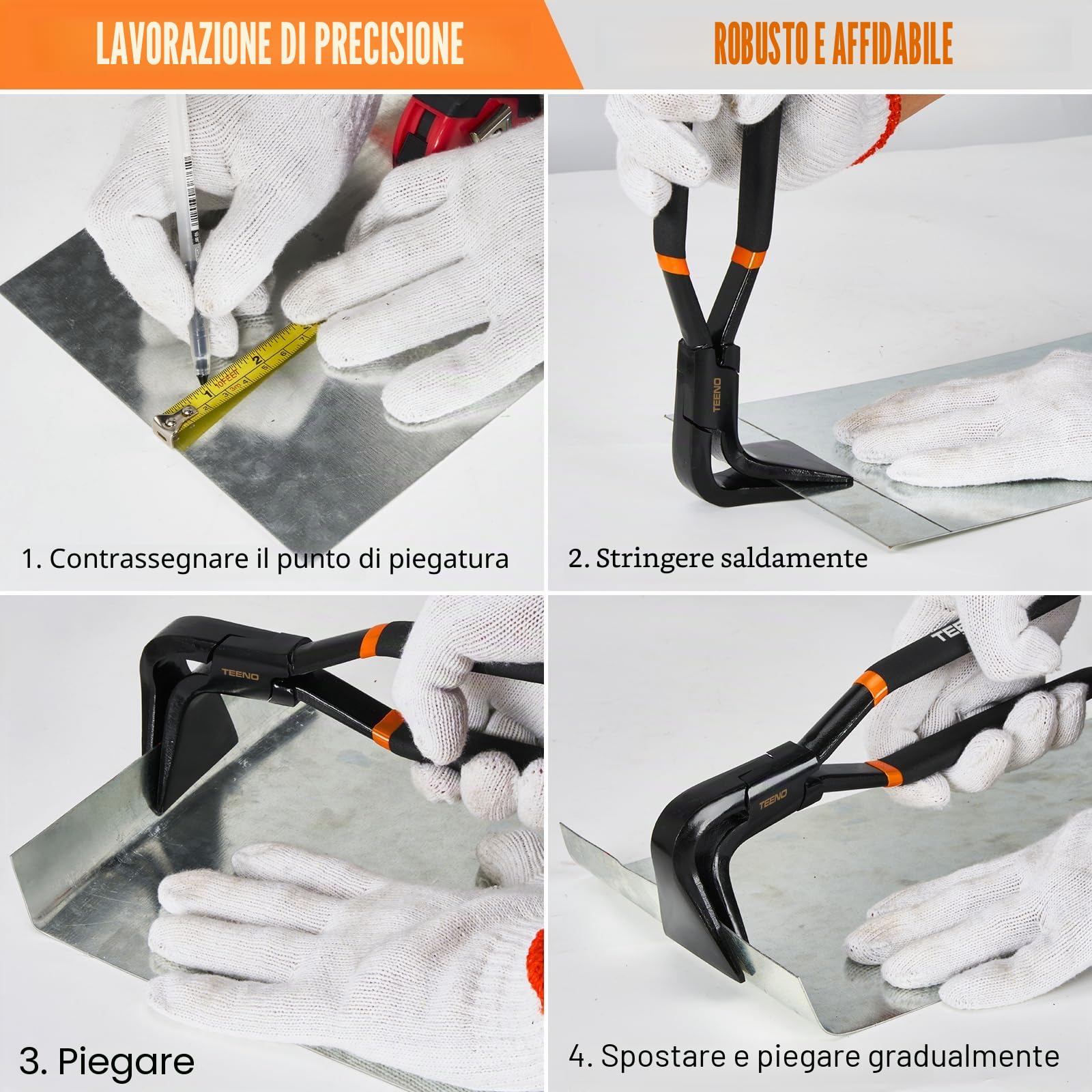 TEENO 3 Pezzi Piega Lamiera Manuale, Set di pinze pieghevoli per lamiere 0°, 45° E 90°, Circa 60mm Di Larghezza, In Acciaio Al Carbonio Brunito Nero, con un Paio di Guanti, Adatte Per Fai Da Te