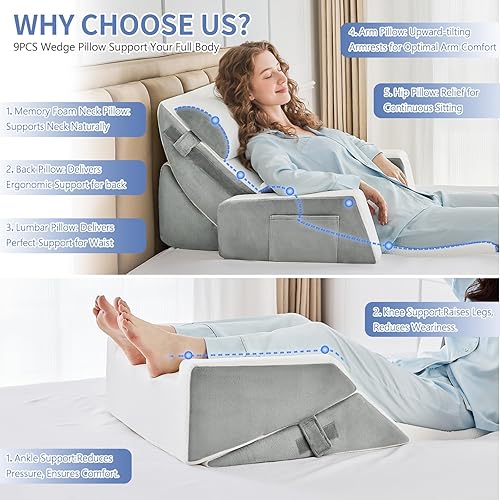 Miniatura 6 de Juego de 9 almohadas de cuña para recuperación después de la cirugía, almohada de cuello de espuma viscoelástica ajustable, almohada de espuma para
