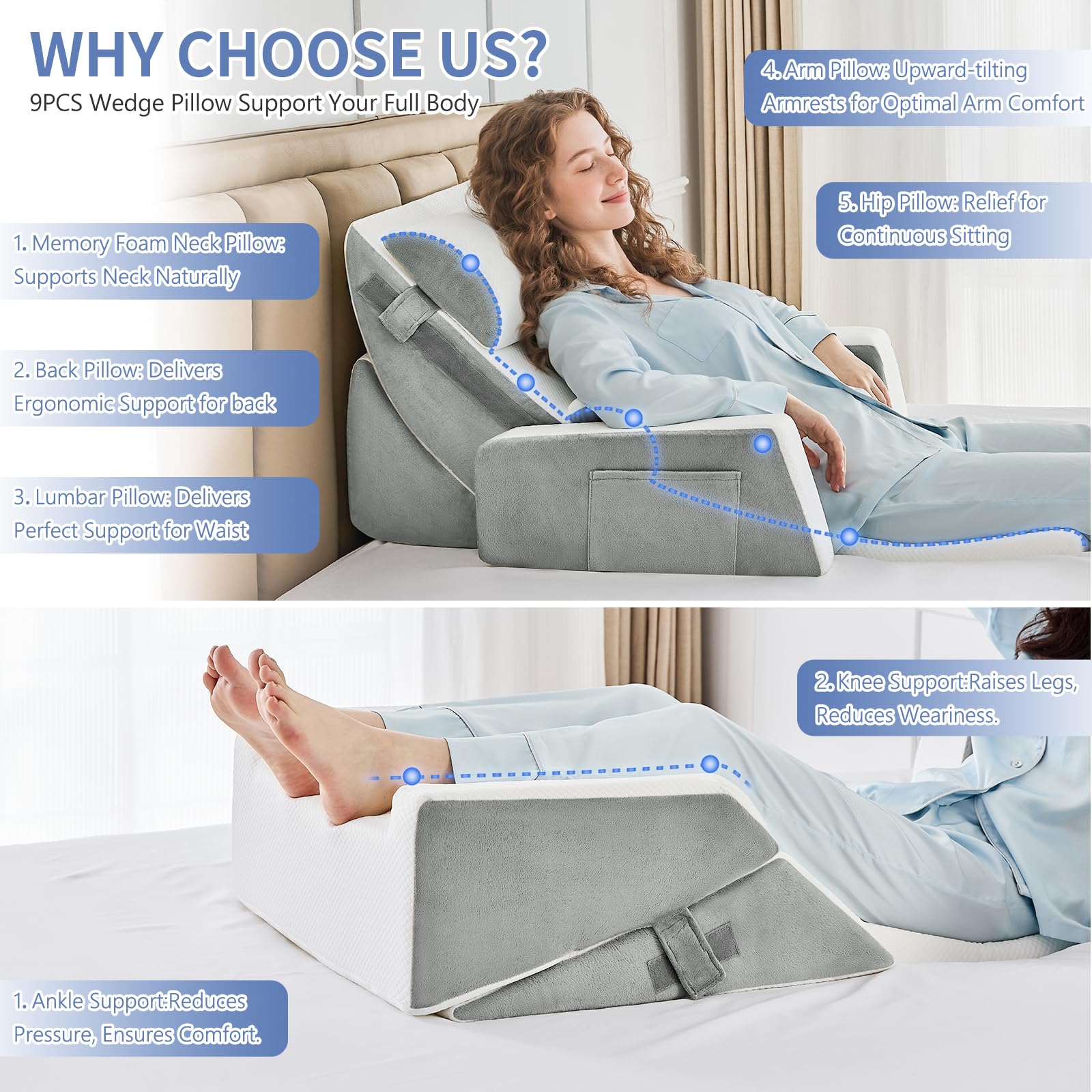 9PCS Orthopädische Bett Keil Kissen Set,Post Chirurgie Schaum Kissen für Körper, Rücken und Beine Schmerzlinderung,Justierbare Stützkissen mit Säure Reflux Bed Wedge Memory Foam Hellgrau