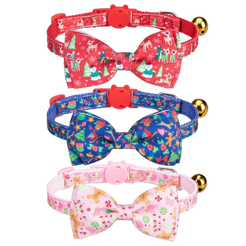 Coleira para gatos ajustável de poliéster com fivela breakaway, laço removível e sino, VKPETFR, pacote com 3 - Blue - Christmas