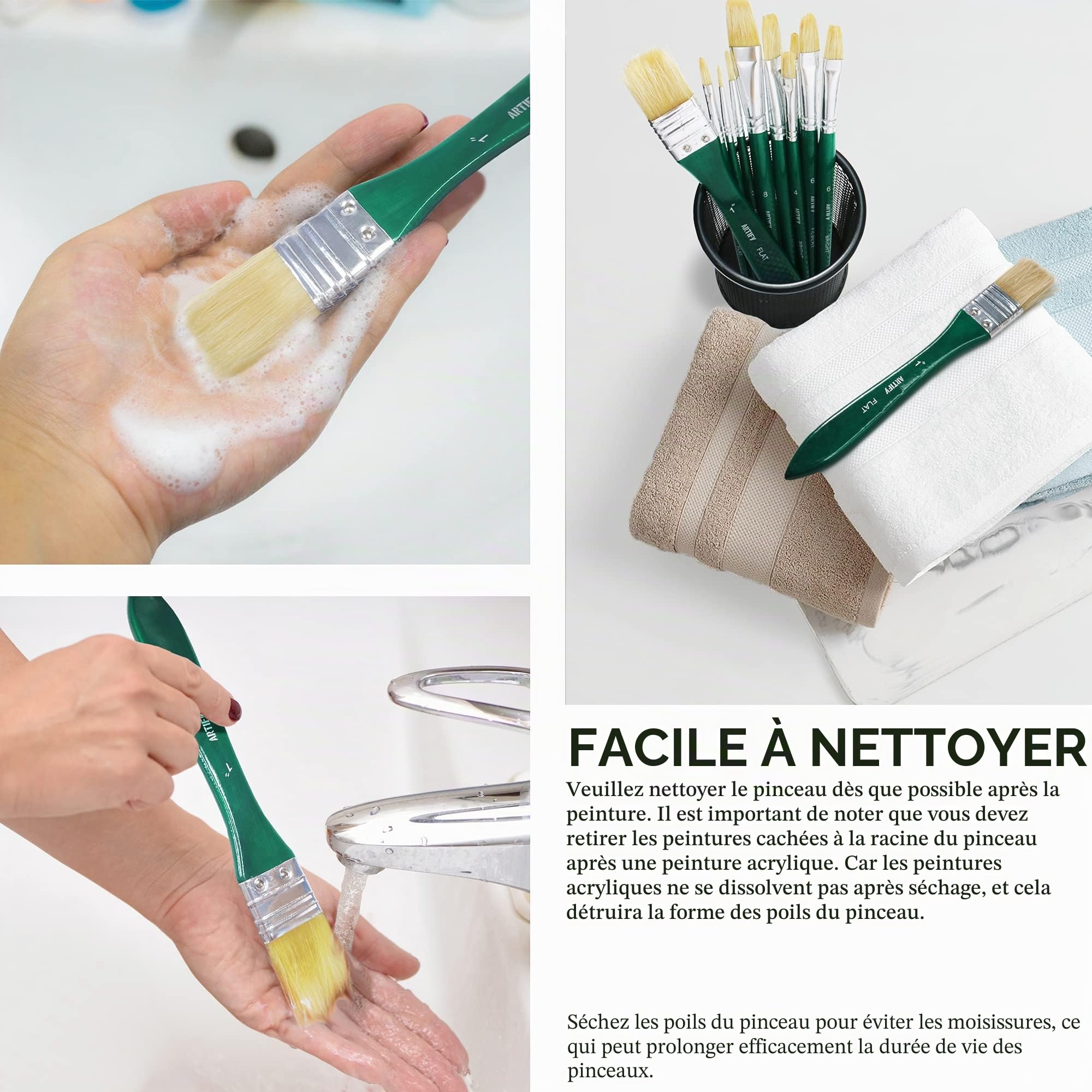 ARTIFY Lot de 10 pinceaux en Poils de Porc avec étui de Transport pour Peinture à l'huile, Aquarelle et Gouache pour Enfants et Adultes, débutants et Professionnels, Vert