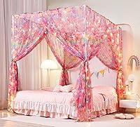 Vista 23 de Mengersi Cortina para Dosel de Cama Princesa, con 4 Esquinas, Dosel con Mosquitero para Cama de Princesa (Blanco, Doble)