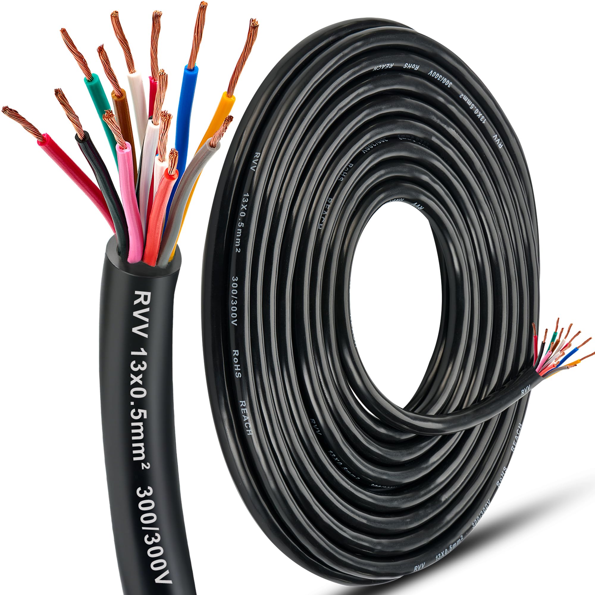 Cable de Remolque 13 Núcleos 0.5mm², 15M Cable Alargador 13 Hilos 12V/24V para Caravana Vehículo Coche Barco Pilotos Remolque Enchufes Camping y Luces LED, Aprobación RoHs Reach