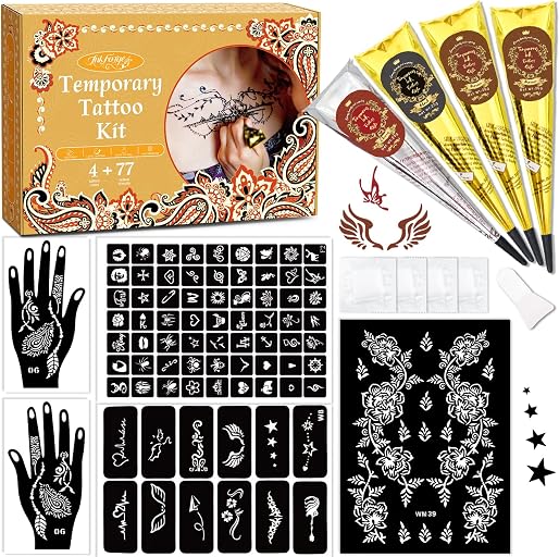 Temporary Stencils Tattoos Kit, 4 Pcs Tattoo Inks 3 Color (1 Black 2 Maroon 1 Cherry Red) with Gloves Brush Tool,DIY Body Art Skin Painting Designs for Women Men Kids Party Gifts