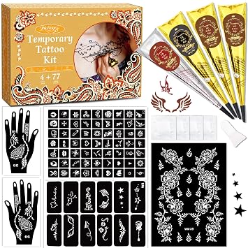 Temporary Stencils Tattoos Kit, 4 Pcs Tattoo Inks 3 Color 1 Black 2 Maroon 1 Cherry Red with Gloves Brush Tool,DIY Body Art Skin Painting Designs for Women Men Kids Party Gifts