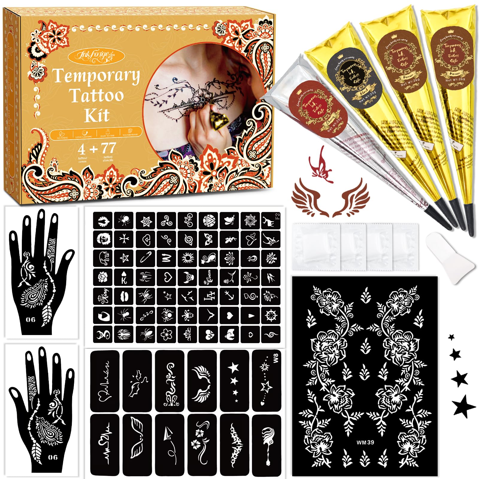 Temporary Stencils Tattoos Kit, 4 Pcs Tattoo Inks 3 Color (1 Black 2 Maroon 1 Cherry Red) with Gloves Brush Tool,DIY Body Art Skin Painting Designs for Women Men Kids Party Gifts 4P-Red1 Black1 Maroon2