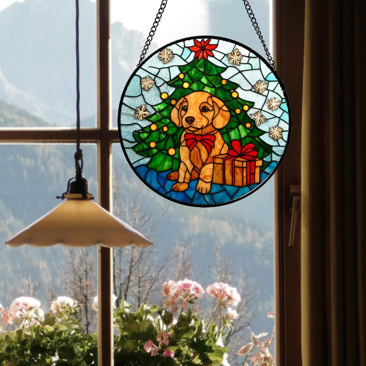 Stained Glass Window Hanging Green Christmas Tree Snowflake Dog 7.8" - Suncatcher Door Garden Sun Catcher Xmas Holiday Decor Birthday for Mom Men Woman Friend Nana - Image 5