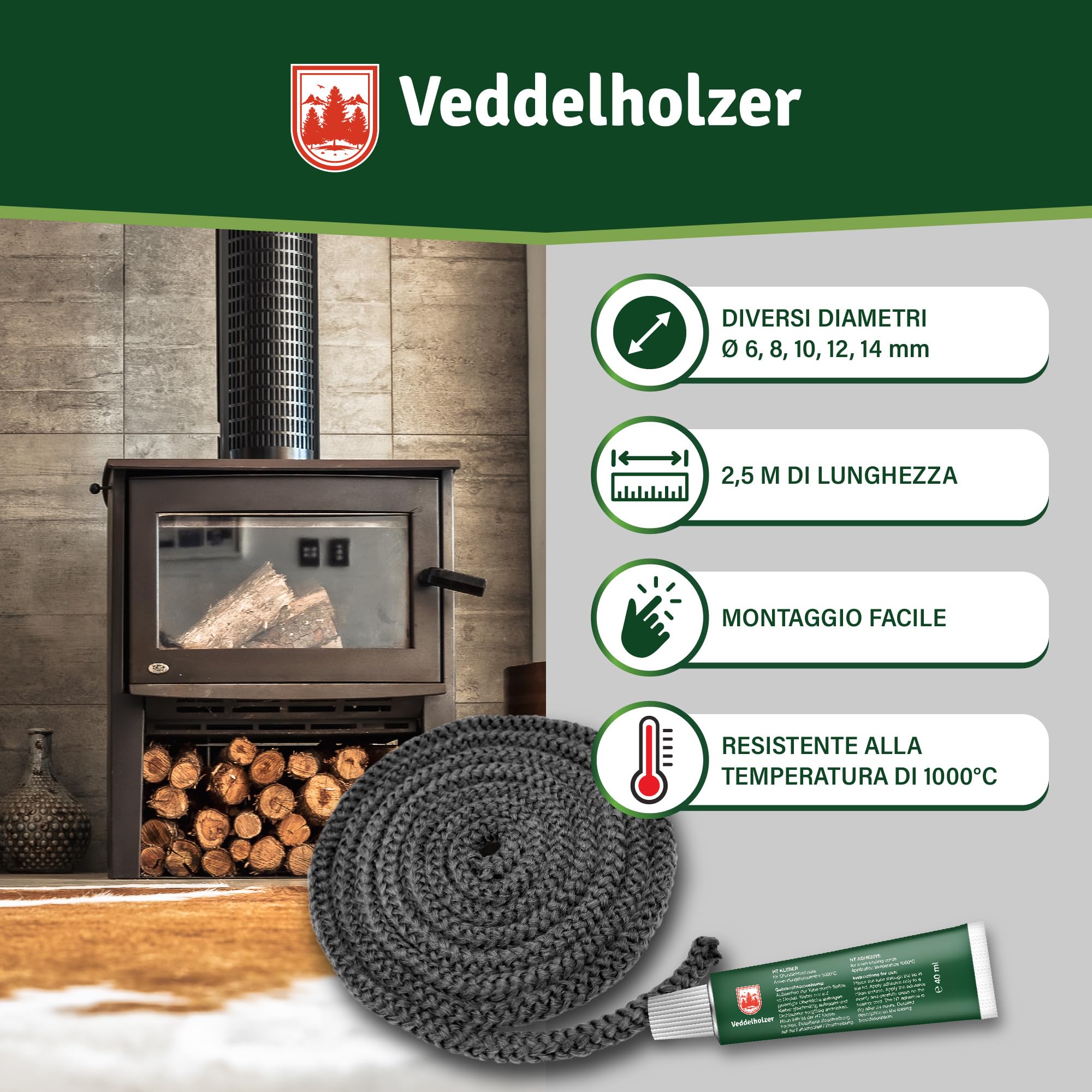 Set completo Veddelholzer Ø 14 mm nastro sigillante per stufe, guarnizione per forni, cavo sigillante, accessori per caminetti Incl. adesivo per alte temperature, guanti, manicotti e istruzioni