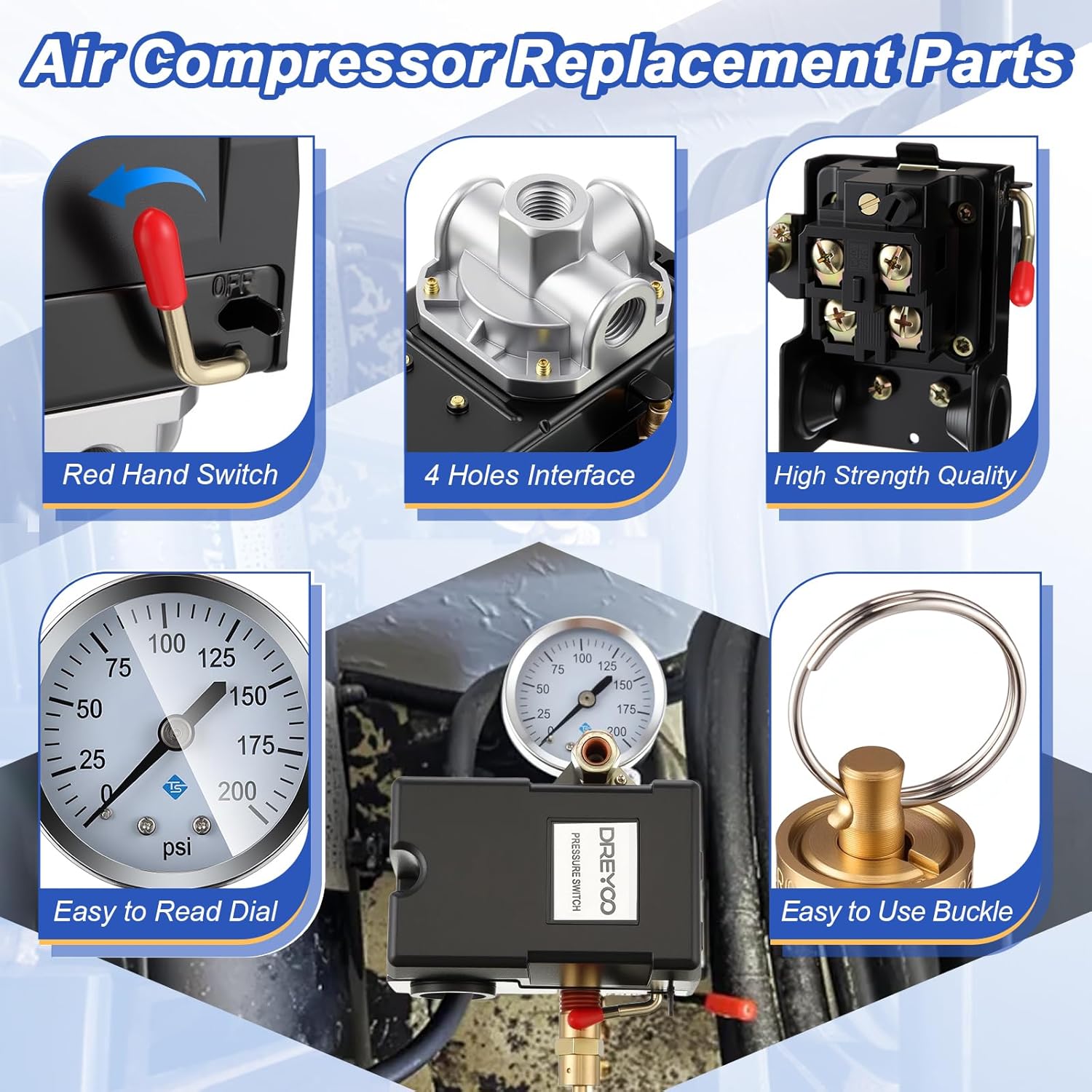 Dreyoo Air Compressor Pressure Switch 135-175 4-Port 20 Amp with 0-200 PSI Gauge, 200 PSI Safety Relief Valve, with Plug & Fitting Kit, 1/4" NPT Replacement Pressure Switch Parts for Air Compressor