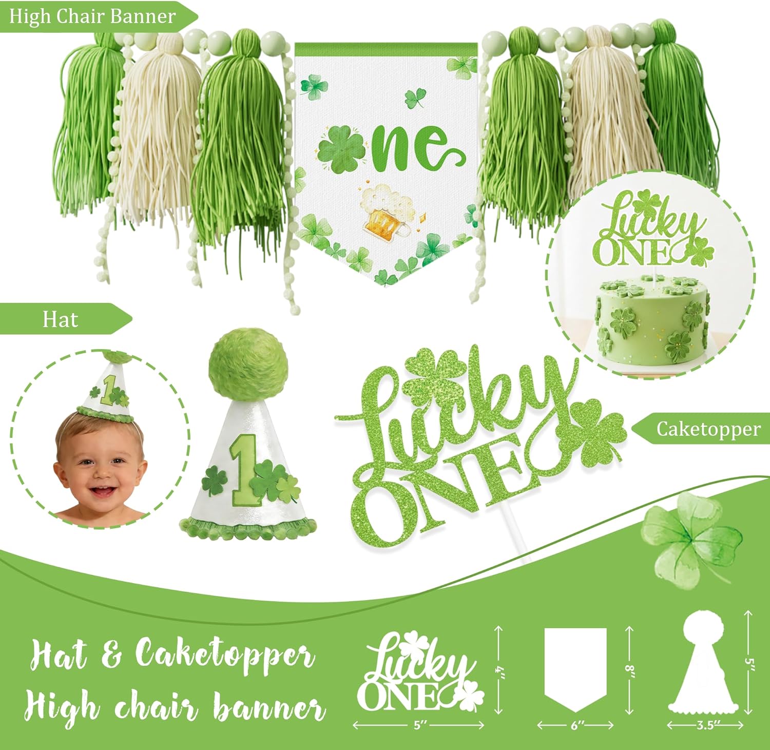 Lucky One 1st Birthday Party Decorations for Boys, St. Patrick’s Day First Birthday Decor Kit, March Lucky Four-Leaf Clover & Shamrock Birthday Supplies, Irish Green Theme Party for One Year Old Boys