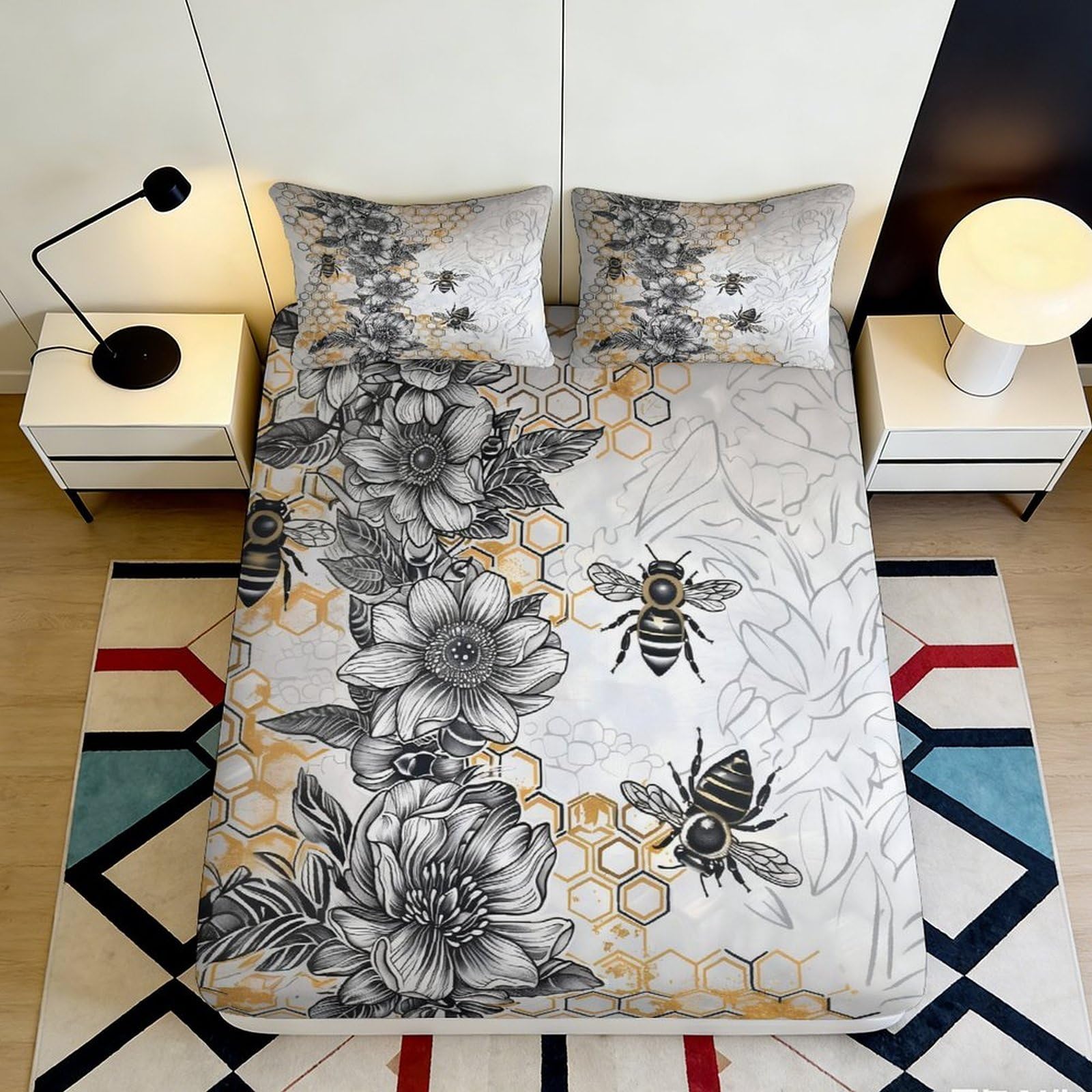 3D Printed Floral Bee Fitted Sheet Microfiber Soft Breathable Honeycomb Bed Cover for Bedroom Guest Room Decor 90x200x25cm