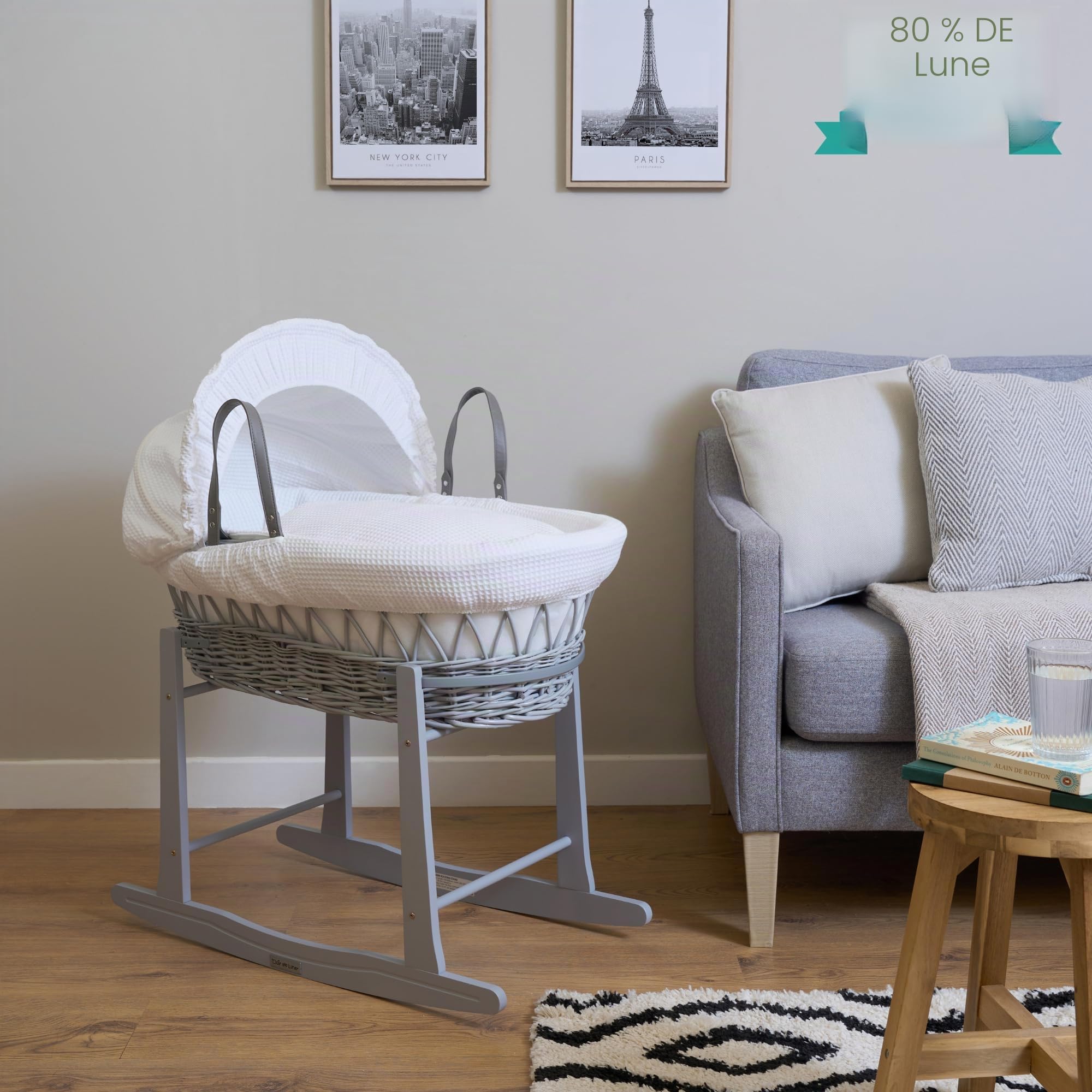 Clair de Lune Couffin en Osier Gris gaufré avec Support à Bascule Standard Gris – 68 x 30 cm (Blanc)