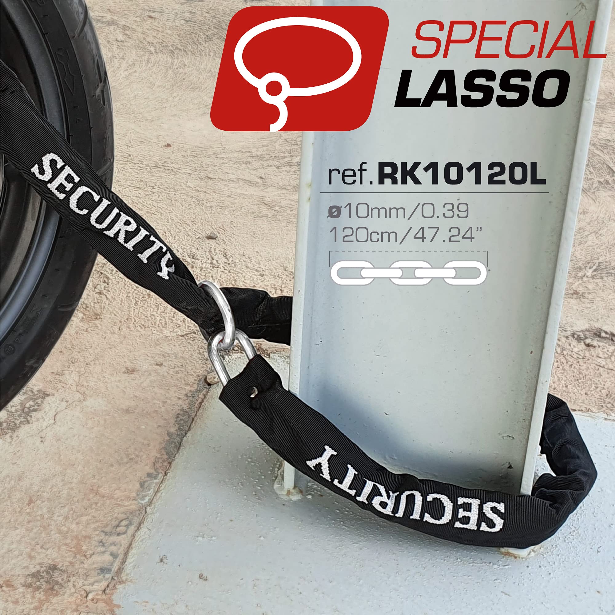 RADIKAL RK120R+RK10120L Antivol U Moto Homologué SRA + Chaine en Acier Cémenté 120cm Plus Long avec Système de Boucle, Fourche en Acier Trempé ø18mm, Cadenas en U pour Scooter, Velo Electrique