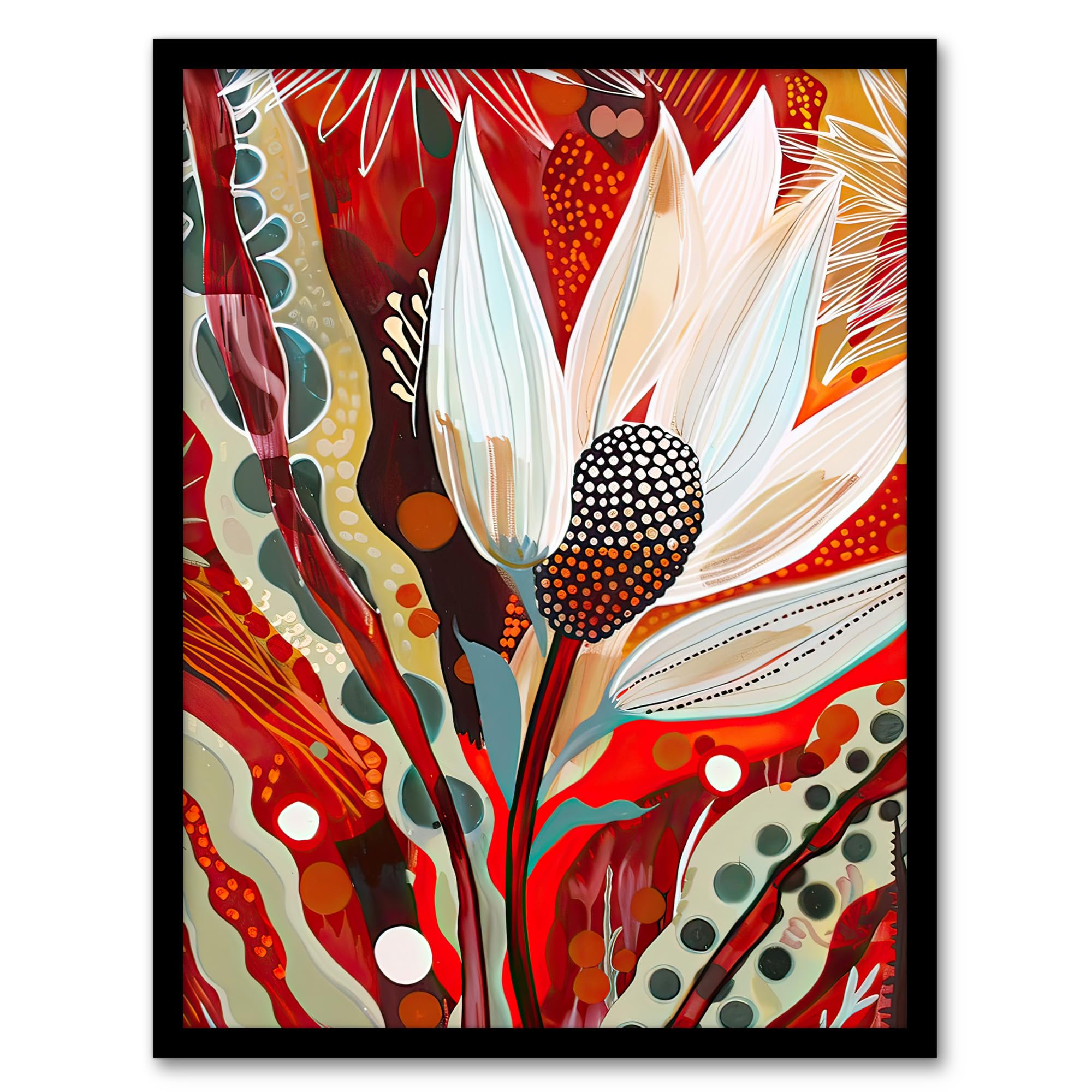Artery8 Bold Floral Folk Art Painting Scarlet Botanical Living Room Artwork Framed Wall Art Print A4