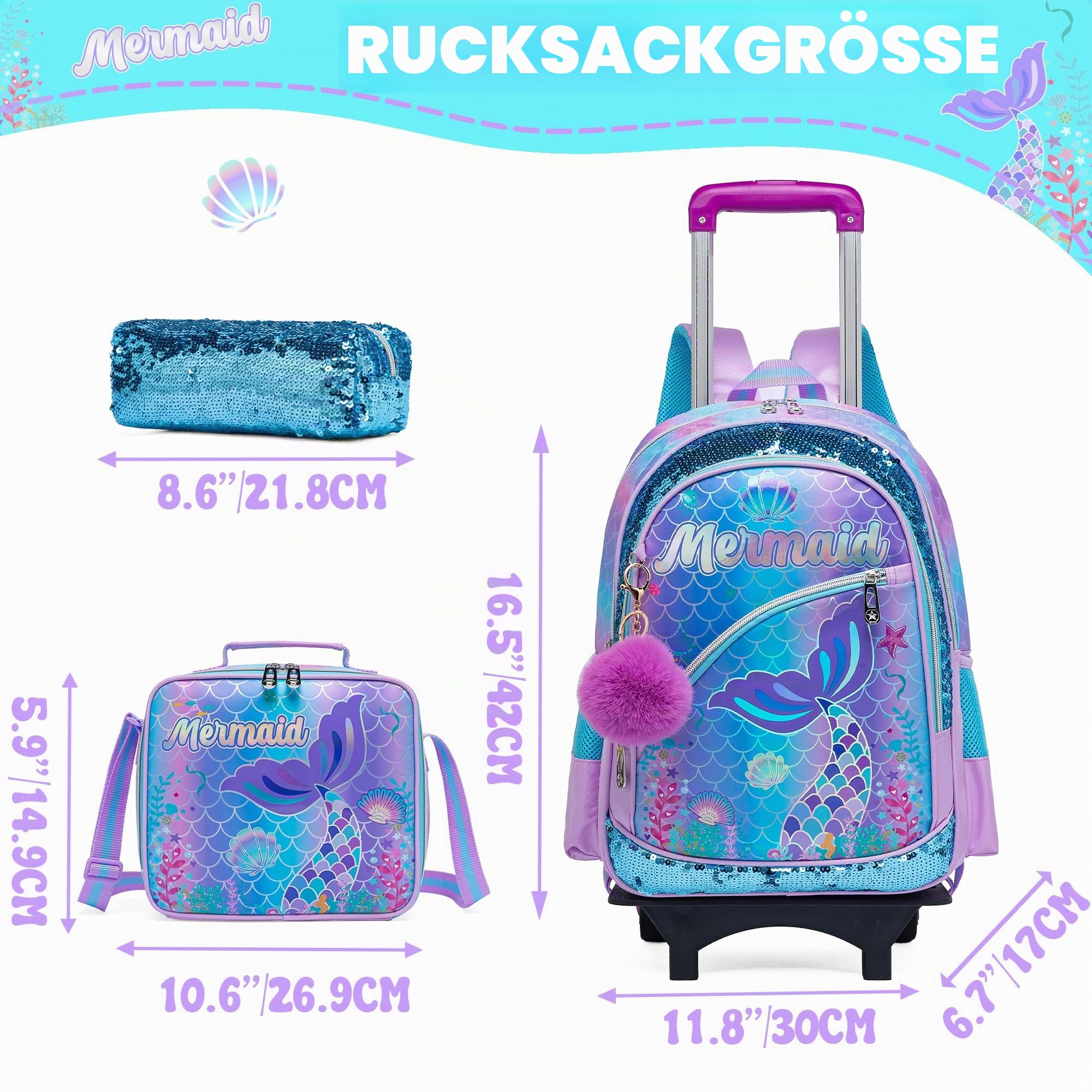 HTgroce Trolley Schulranzen Rucksack Schulrucksack Trolley Schultrolley Schulranzen Mädchen Groß Trolley Schultasche Rucksack mit Rollen für Mädchens Kinder