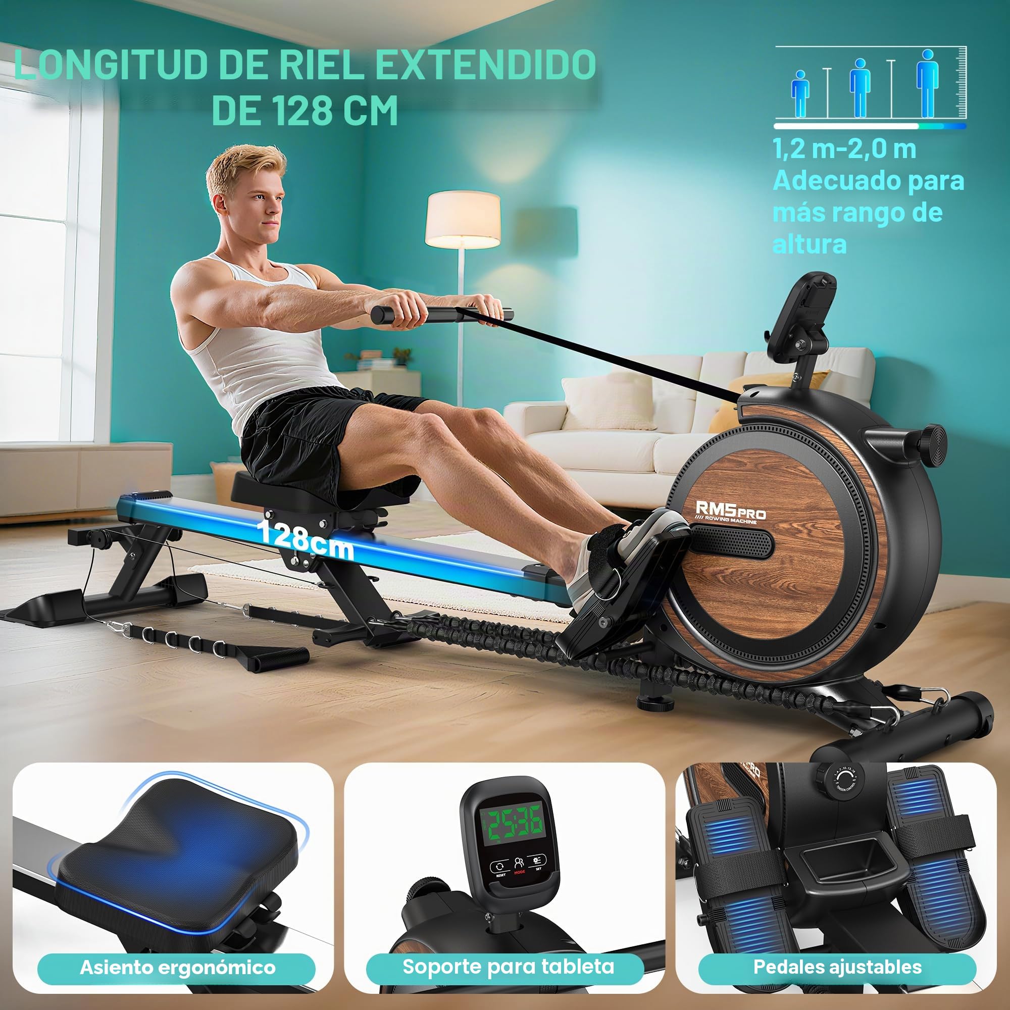 Máquina de Remo Plegable para el Hogar Combinada con Entrenamiento de Fuerza, Máquina de Remo Magnética con Bluetooth y Resistencia Ajustable de 16 Niveles