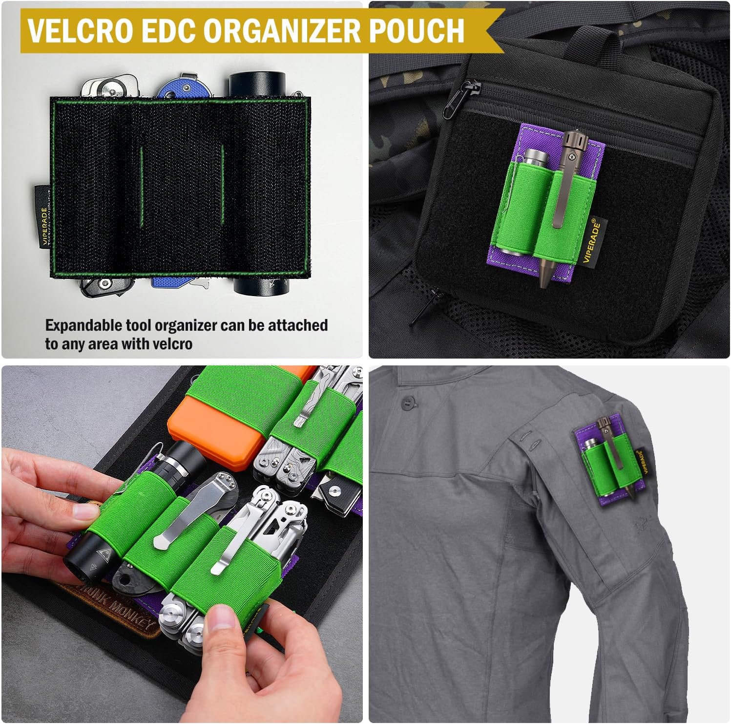 VIPERADE PL6 Tactical Modular EDC Organizer, Elastic Insert Pouch Panel with Hook Backed Accessories Holder, Attachment for Backpack, Tactical Vest, Bag