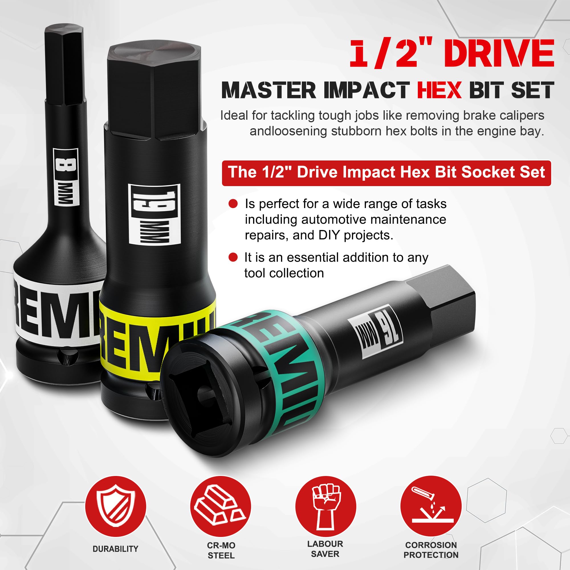 Aurlloct 1/2" Drive Impact Hex Bit Socket Set, 10 Piece Impact Allen Sockets, 5mm - Image 3