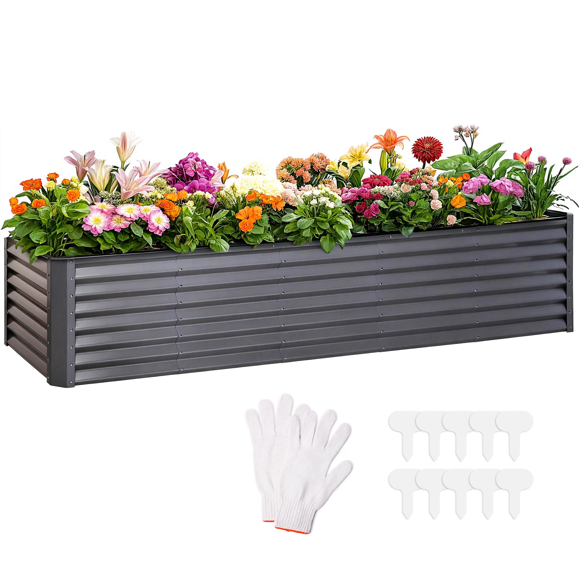 SDHYL 8 x 2FT Raised Garden Bed, Galvanized Steel Planter Box for Flowers, Vegetables, Terraces Herb, Succulent, Gardening Gift with Gloves & Plant Markers + Open Base Drainage, Dark Gray
