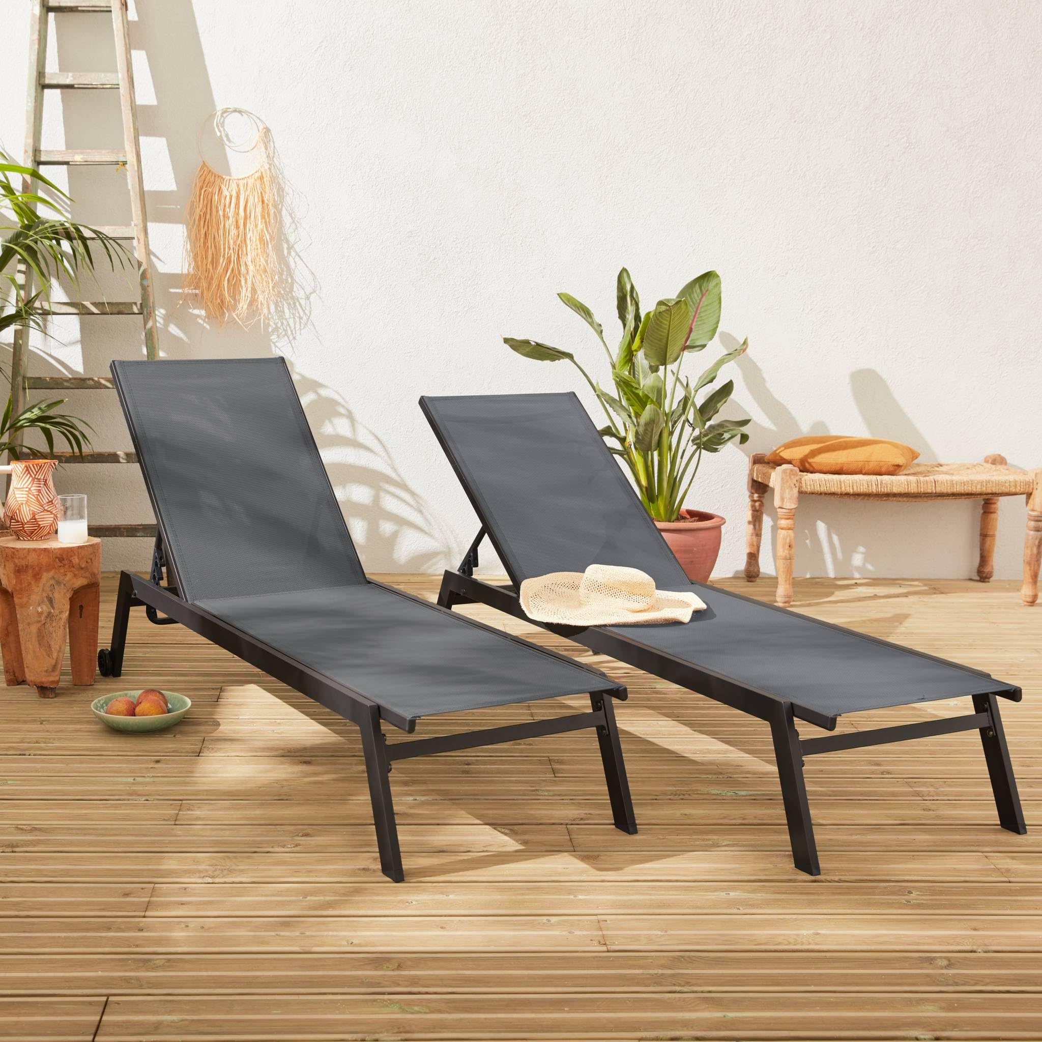 Lettini prendisole in alluminio e textilene multiposizione Antracite 191x55x94 cm Set 2
