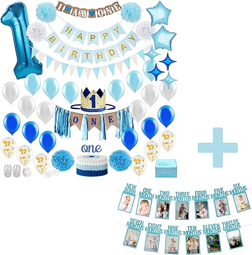PartyHooman Decoraciones de primer cumpleaños para niños con paquete de pancartas fotográficas de primer cumpleaños