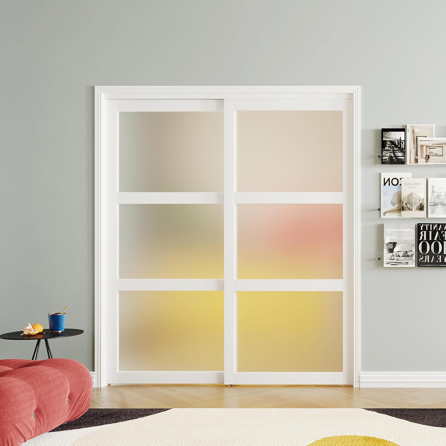 Bypass Sliding Closet Door, for 72"(Double 36.96") x 80"Openning, 3-Lite Frosted Glass Sliding Doors with Hardware Track Kit & Floor Guide, Pre-Drilled Door Panel Need to Assemble, MDF, White