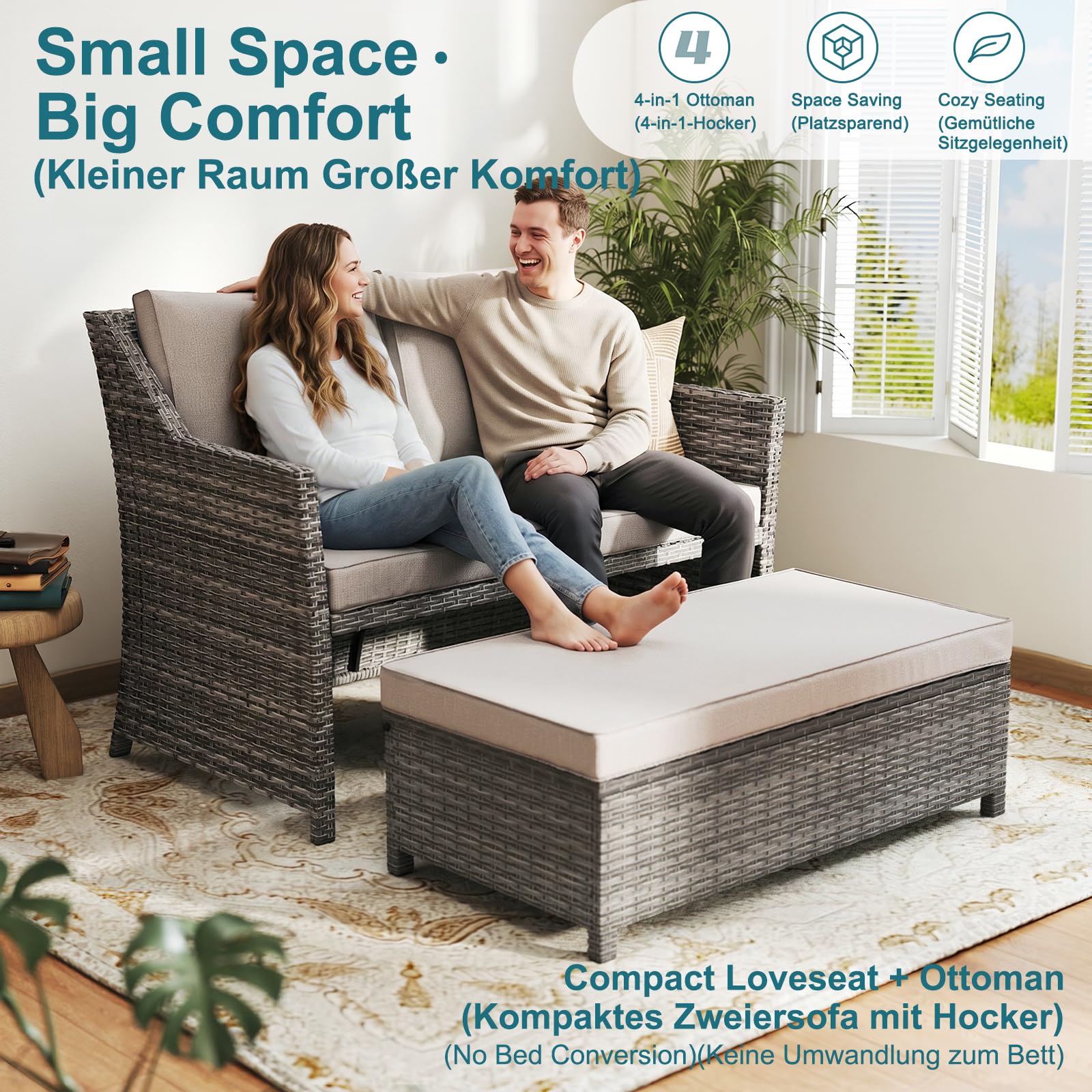 OC Orange-Casual 2-TLG Outdoor Rattan Gartenmöbel, Terrasse Loveseat mit Couchtisch, mit integriertem Staufach, grauem Rattan und beigen Kissen