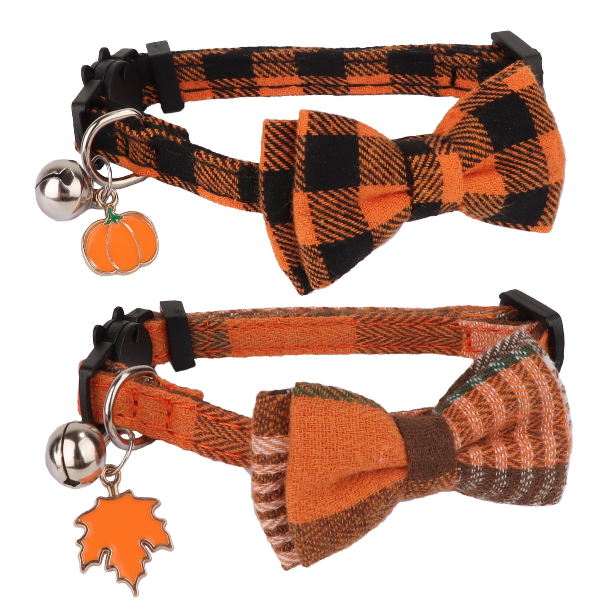 ADOGGYGO Herbst-Katzenhalsbänder mit abnehmbarer Schleife, 2 Stück, Orange kariert, Thanksgiving, Halloween, Herbsthalsbänder für Katzen und Kätzchen
