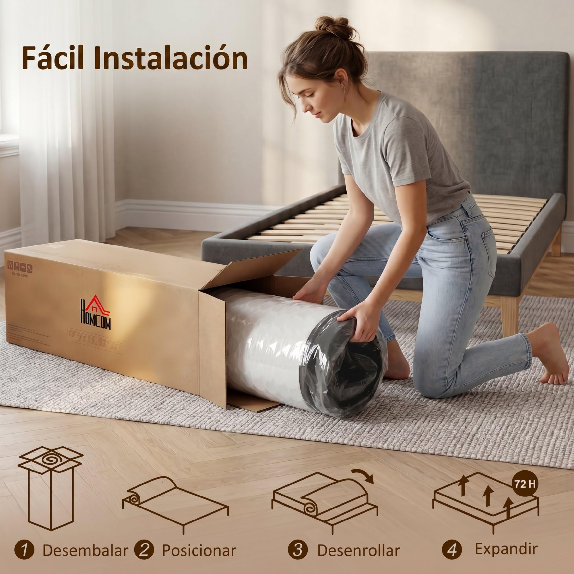 HOMCOM Colchón 190x135 cm, Grosor 25 cm, Colchón Viscoelástico | Muelles Ensacados de 7 Zonas, Firmeza Media, Funda Desmontable y Lavable, Certificado Oeko-Tex