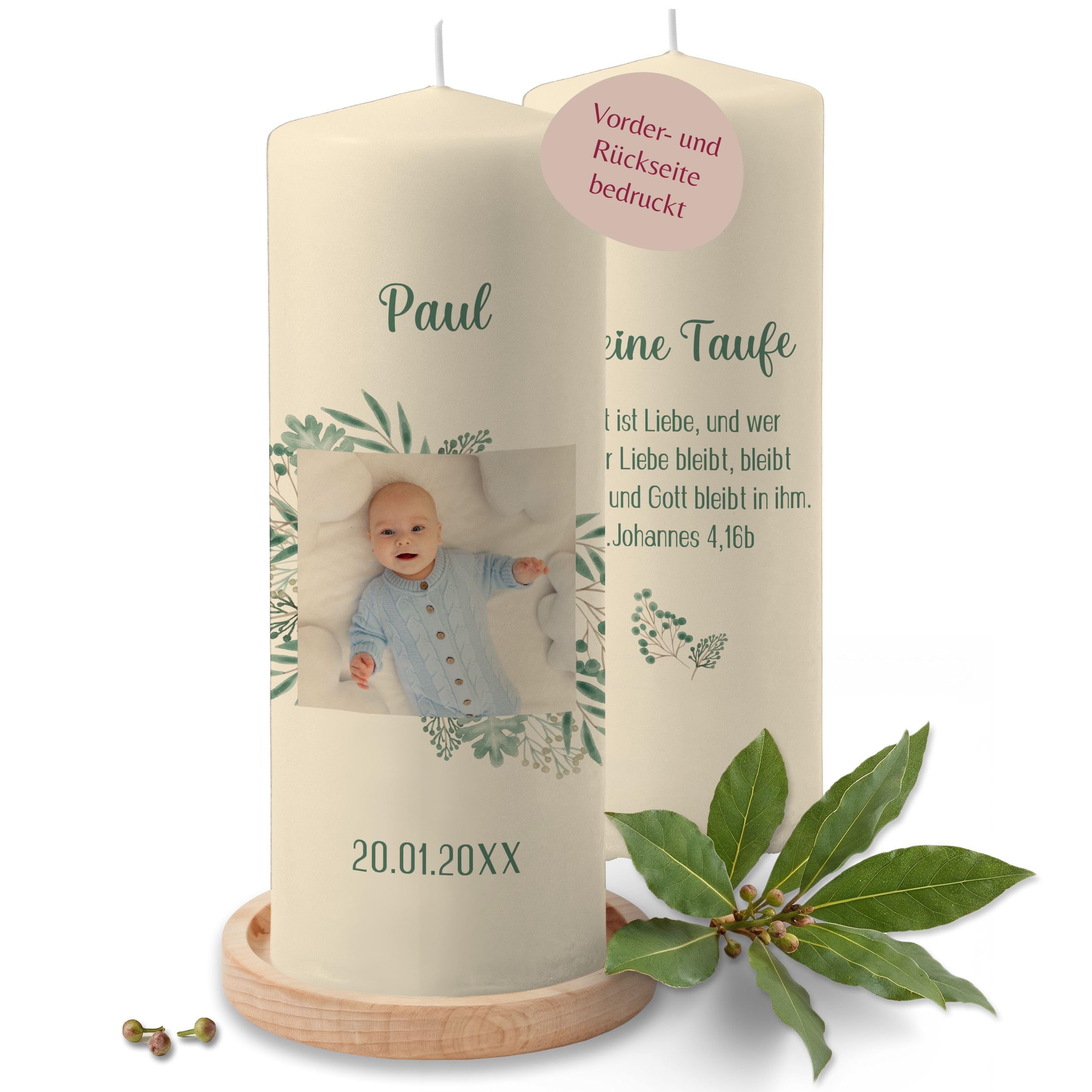 Taufkerze - Taufe - Meine Tauf Wunschfoto mit Datum - personalisiertes Taufgeschenk Deko Geschenke - 230/78 mm - Elfenbein