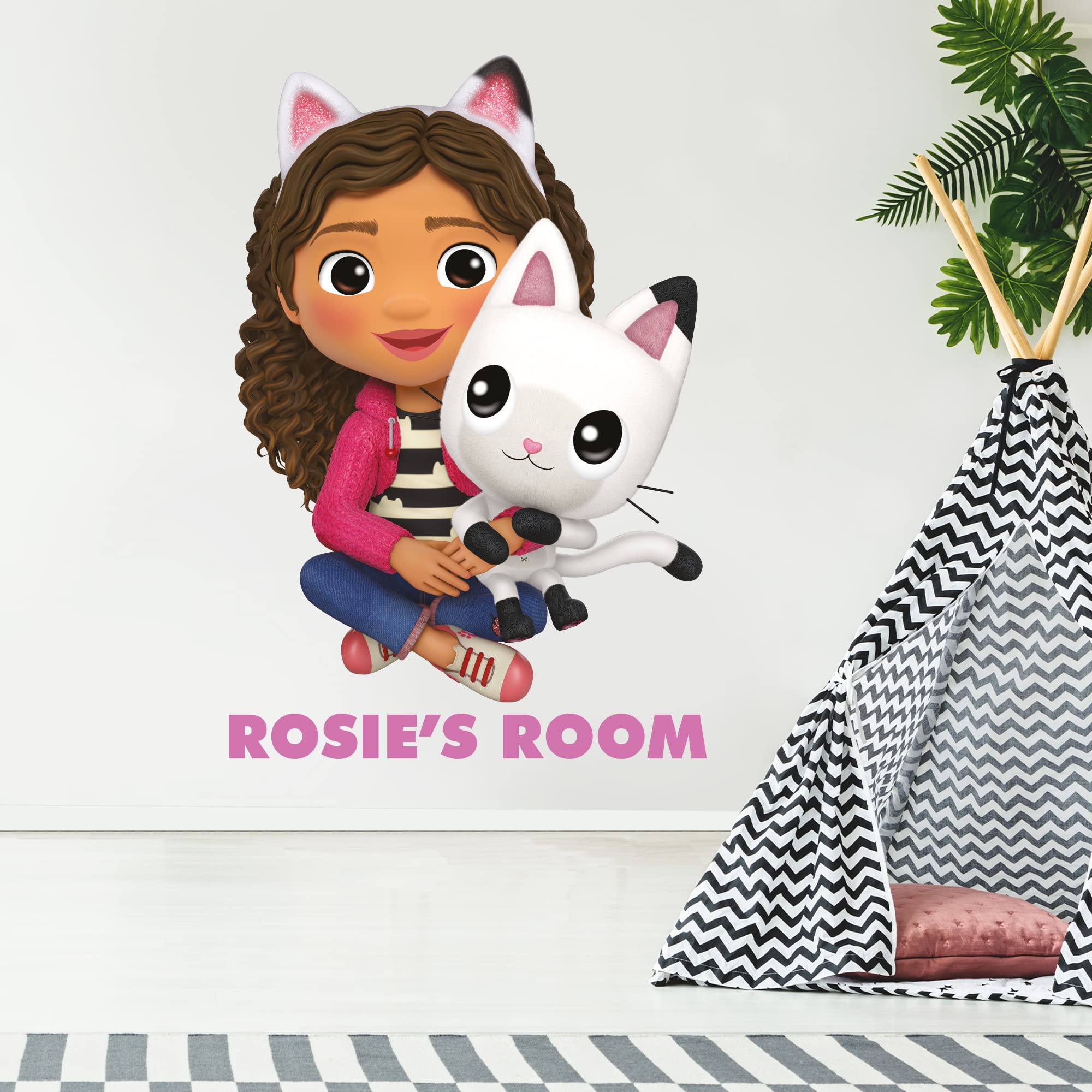 Themed Gabby's Dollhouse Wall Sticker - Gabby and Pandy Sat Down Personalised Name Wall Art Kids Decal (120cm height x 80cm width)