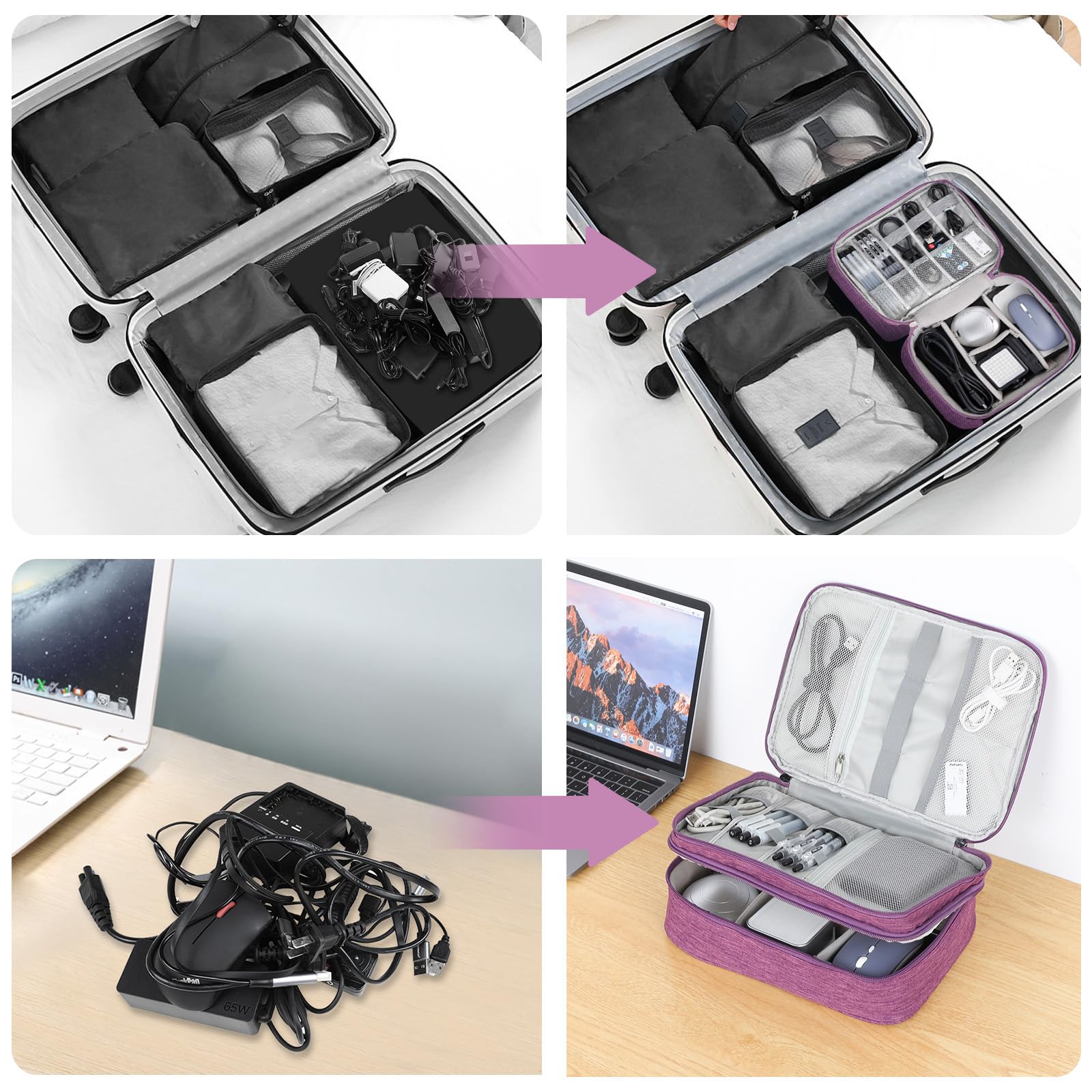 AiQInu Uniwersalna Torba do Organizowania Kabli Podróżnych, Elektroniczne, Akcesoria do Tabletów, Zewnętrzny Dysk Twardy, Ładowarka, Kabel USB, Adaptery, Karty Pamięci, Fioletowy