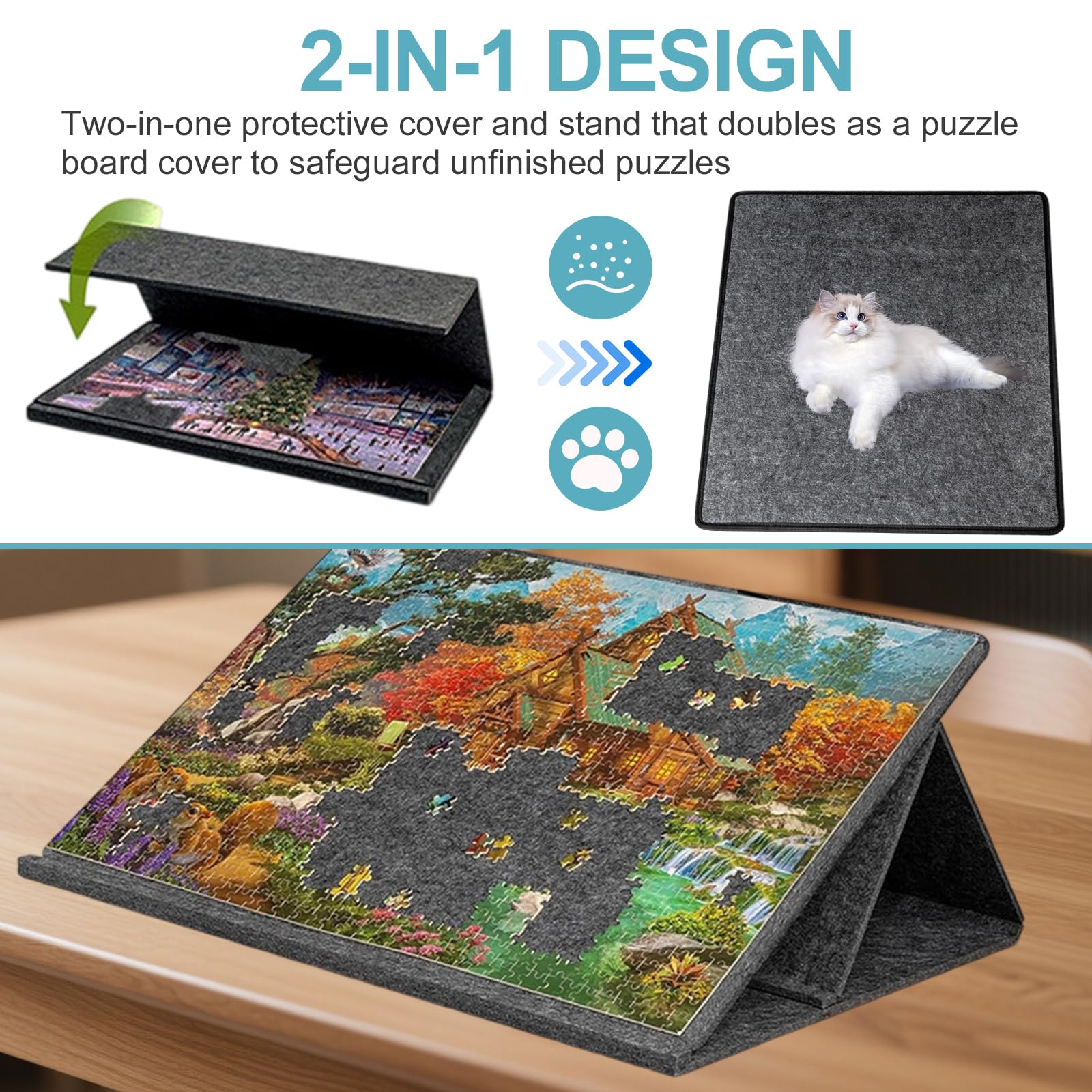 Składana deska do puzzli, 1000 elementów, ze stojakiem 2 w 1 i osłoną, uchylna deska z 6 sortownikami, stół do przechowywania, prezent dla dzieci i dorosłych, 80 x 60 cm