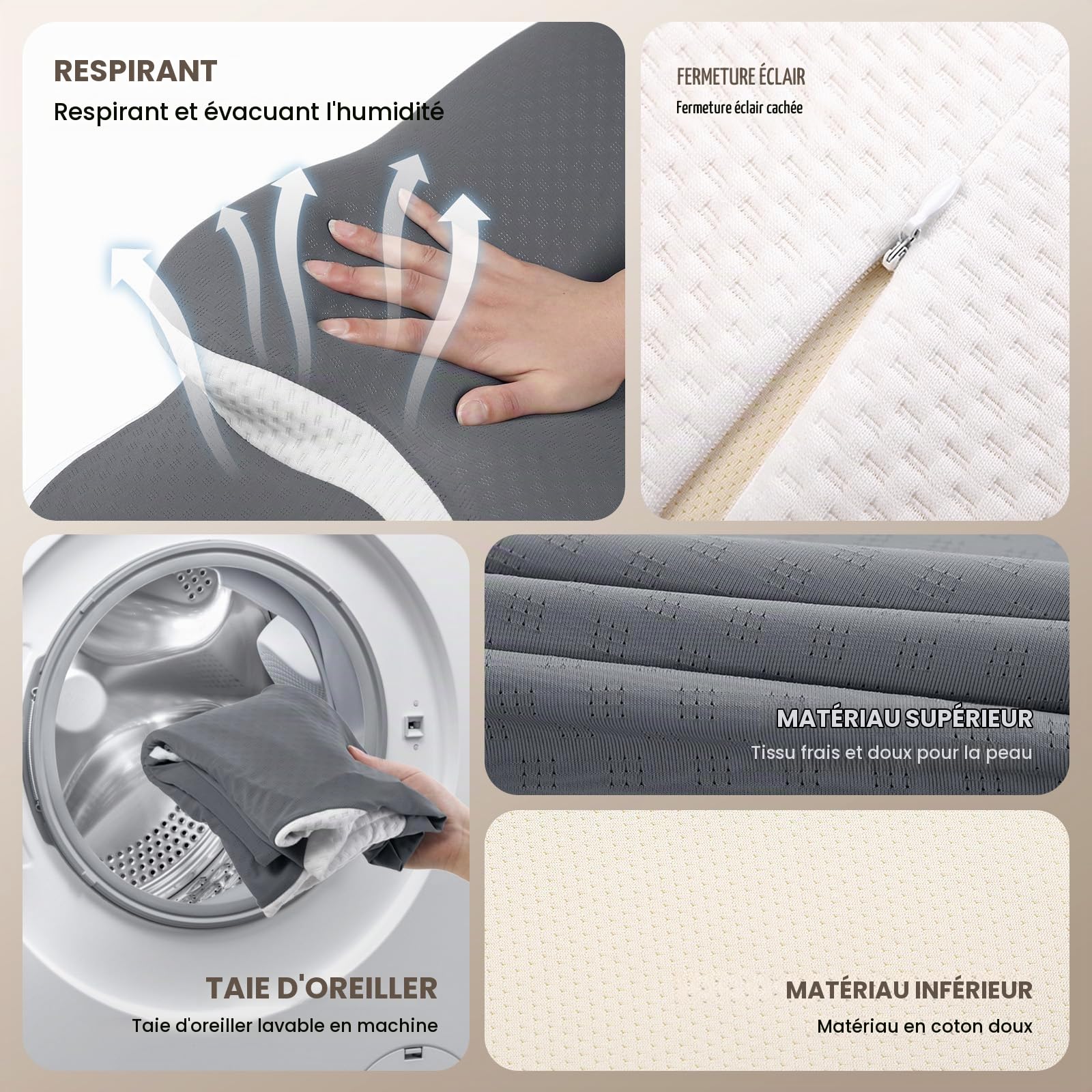 A-Pce Oreiller Ergonomique en Mousse à Mémoire de Forme, Gris Clair