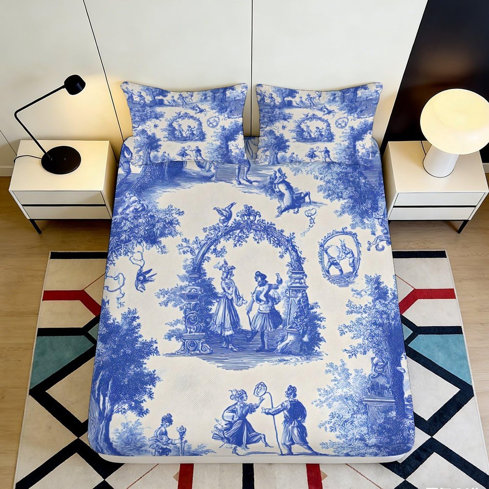 3D Printed Classical Blue Toile Fitted Sheet Microfiber Soft Decorative Pastoral Bed Cover for Bedroom Guest Room 90x200x25cm