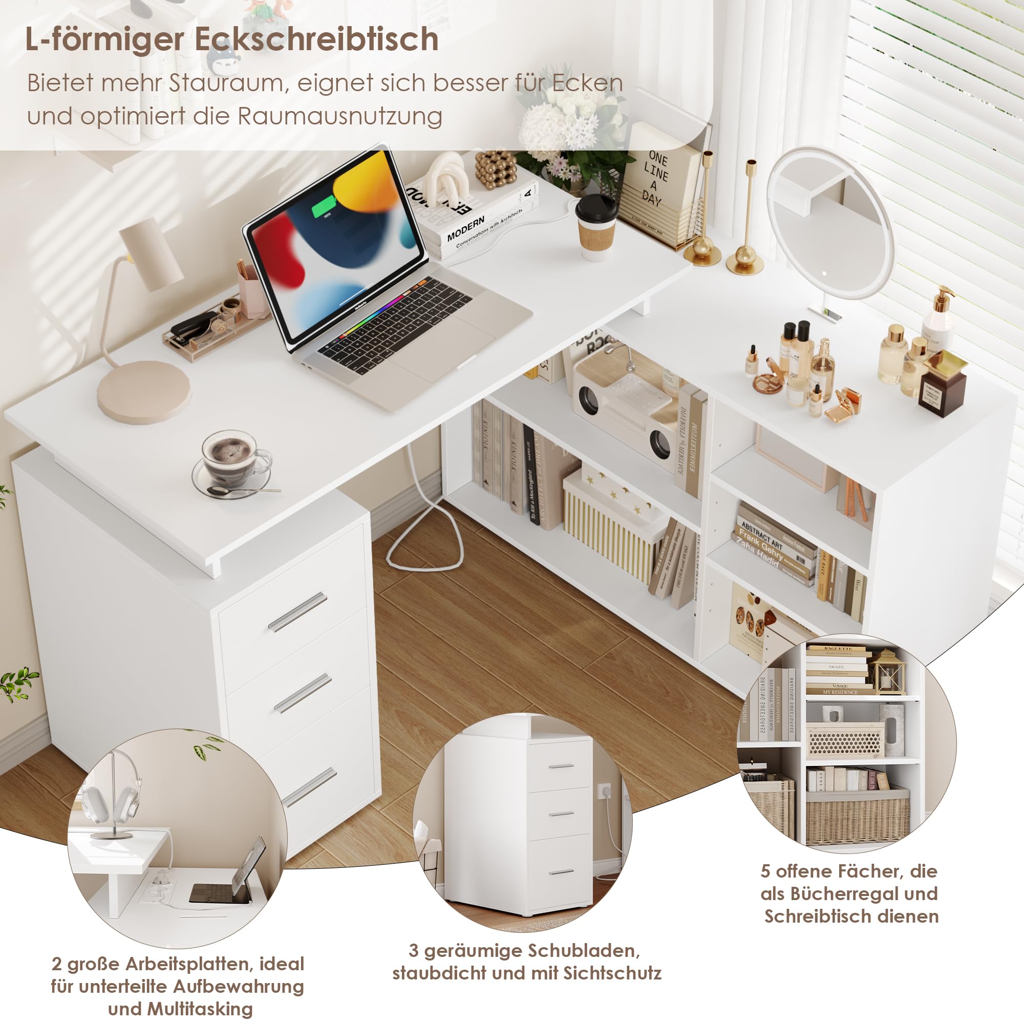 COSTWAY Bureau met 2 laden en 5 vakken, computertafel, kinderbureau, pc- tafel, kantoortafel voor thuis, kantoor, wit, 120 x 60 x 110 cm