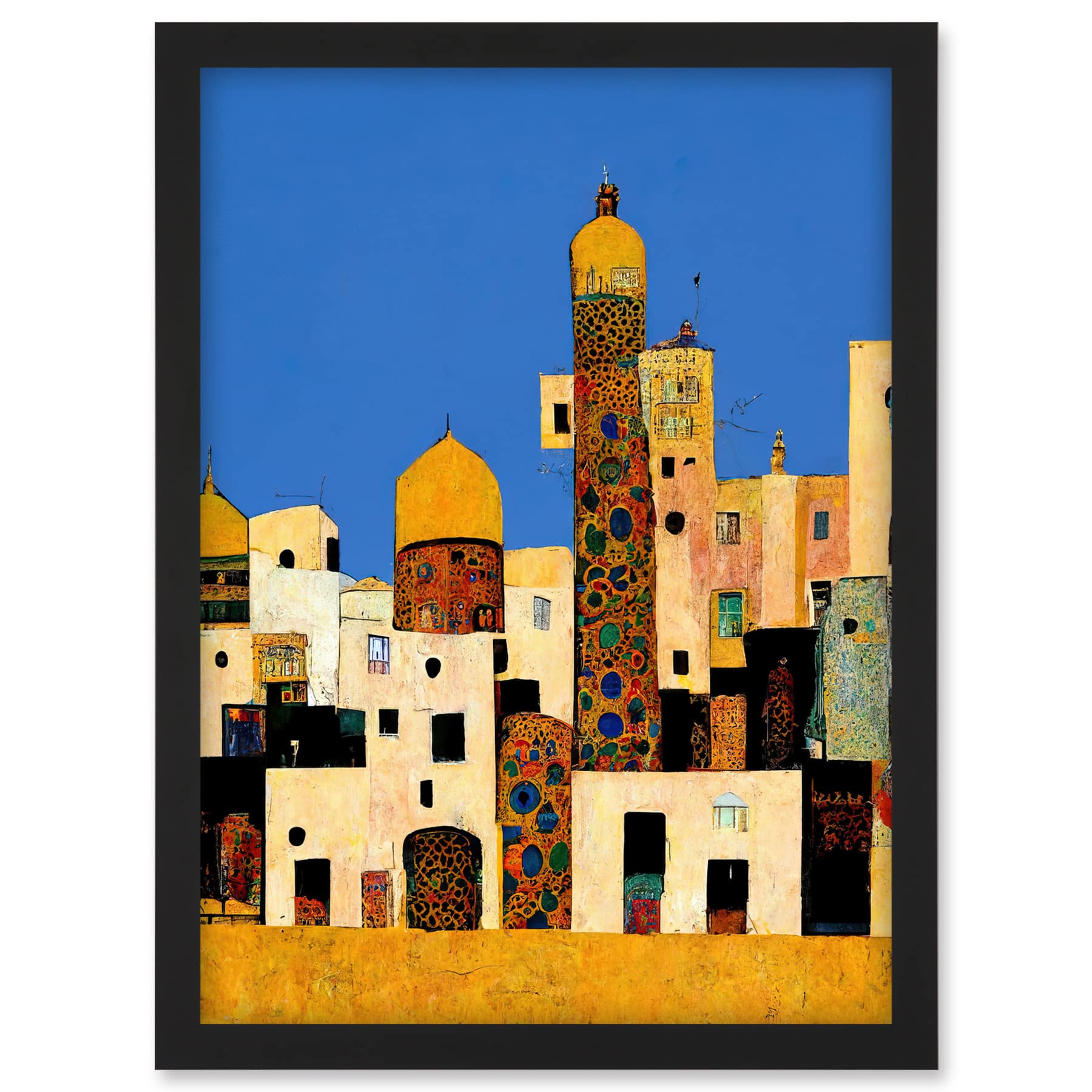 Doppelganger33 LTD Klimt Style Moroccan Cityscape Blue Gold Artwork Framed A3 Wall Art Print