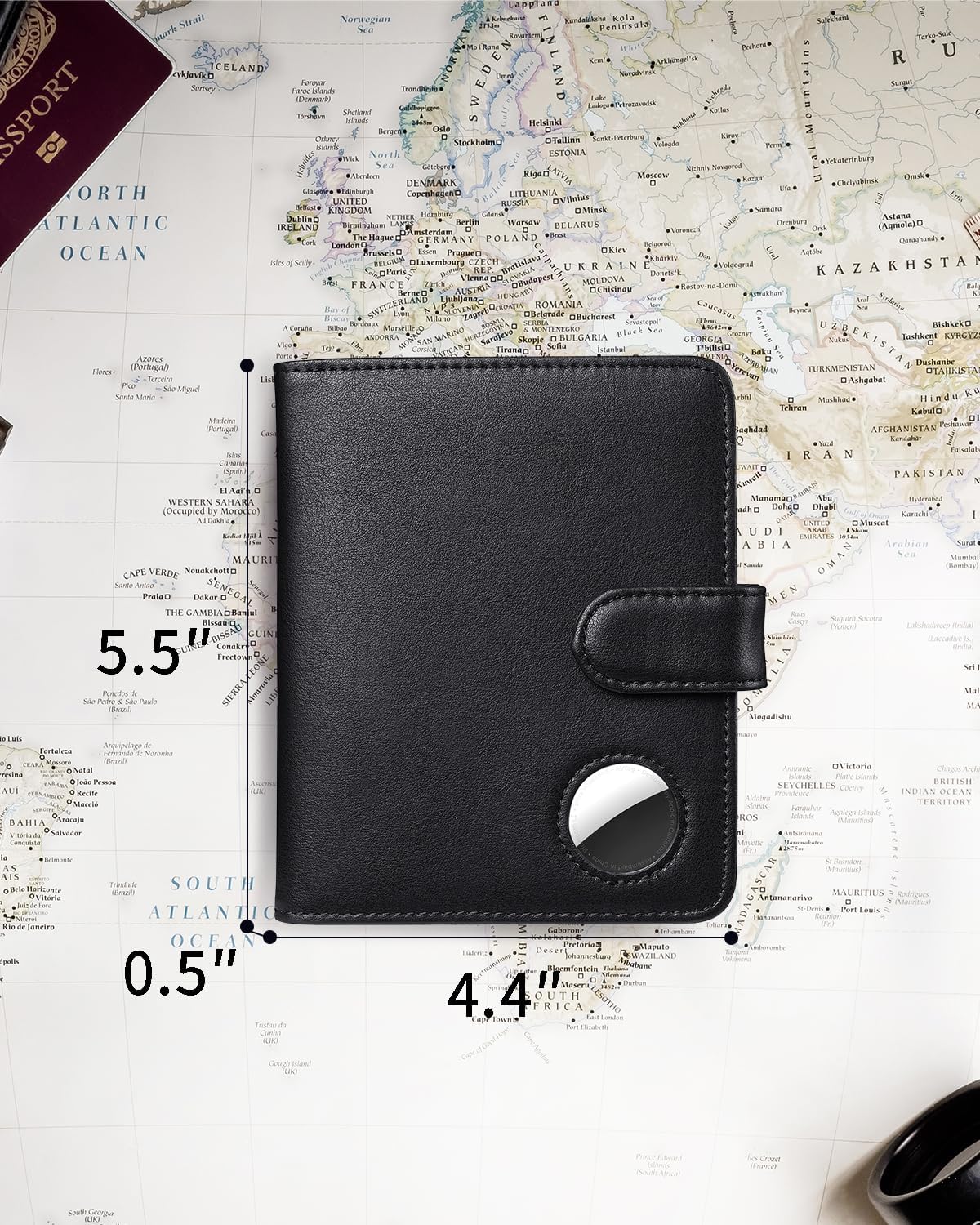Passport Holder for Travel with AirTag Holder- Leather RFID Blocking Travel accessories with 5 Cards Slot&1ID Window,Magnetic Closure,Gift Box(Air Tag Not Included)