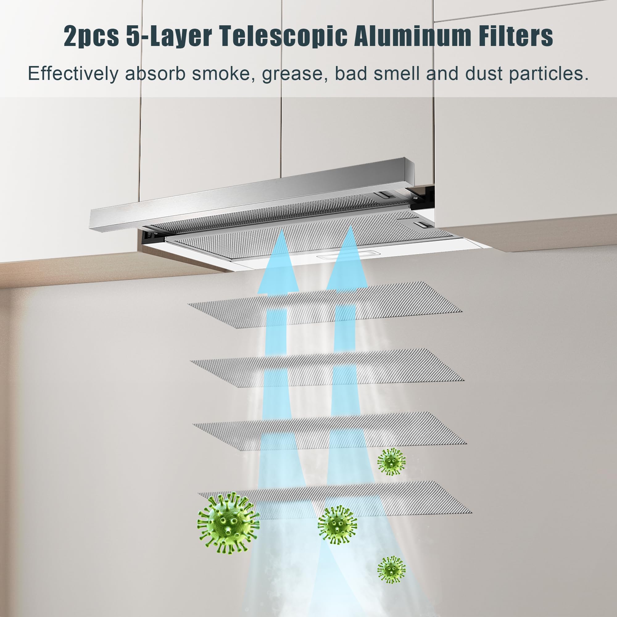 Campana Extractora 60 cm Telescópica, 400 m³/h Flujo de Aire, Superficie de Acero Inoxidable, Iluminación LED, Interruptor Basculante, Campanas Extractoras Silenciosas para Cocina