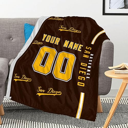 San Diego - Manta de franela personalizada para cama y sofá con nombre de número personalizado, para hombres, mujeres, niños, regalos para fanáticos