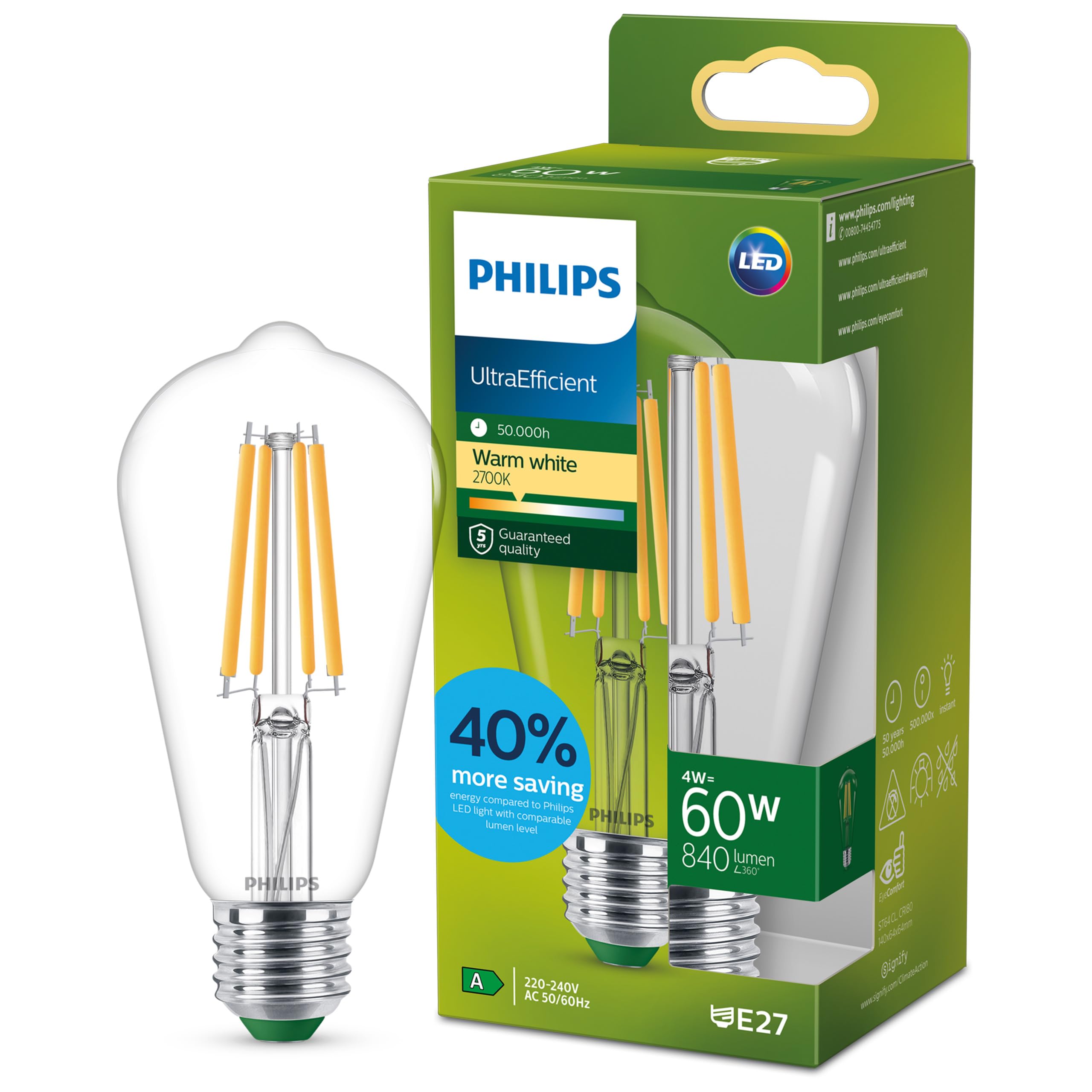 X3 Philips Classic ultra-efficient LED bulb with energy efficiency class A, E27