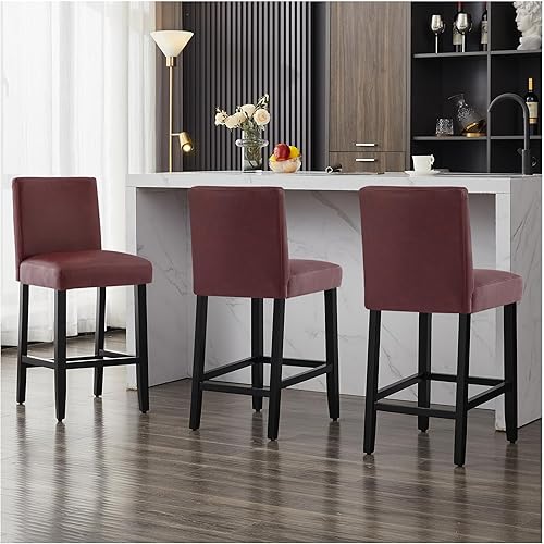 Miniatura 7 de Juego de 3 taburetes de bar de piel sintética de 26 pulgadas, modernas sillas de bar tapizadas con respaldo, taburetes de bar con patas de madera