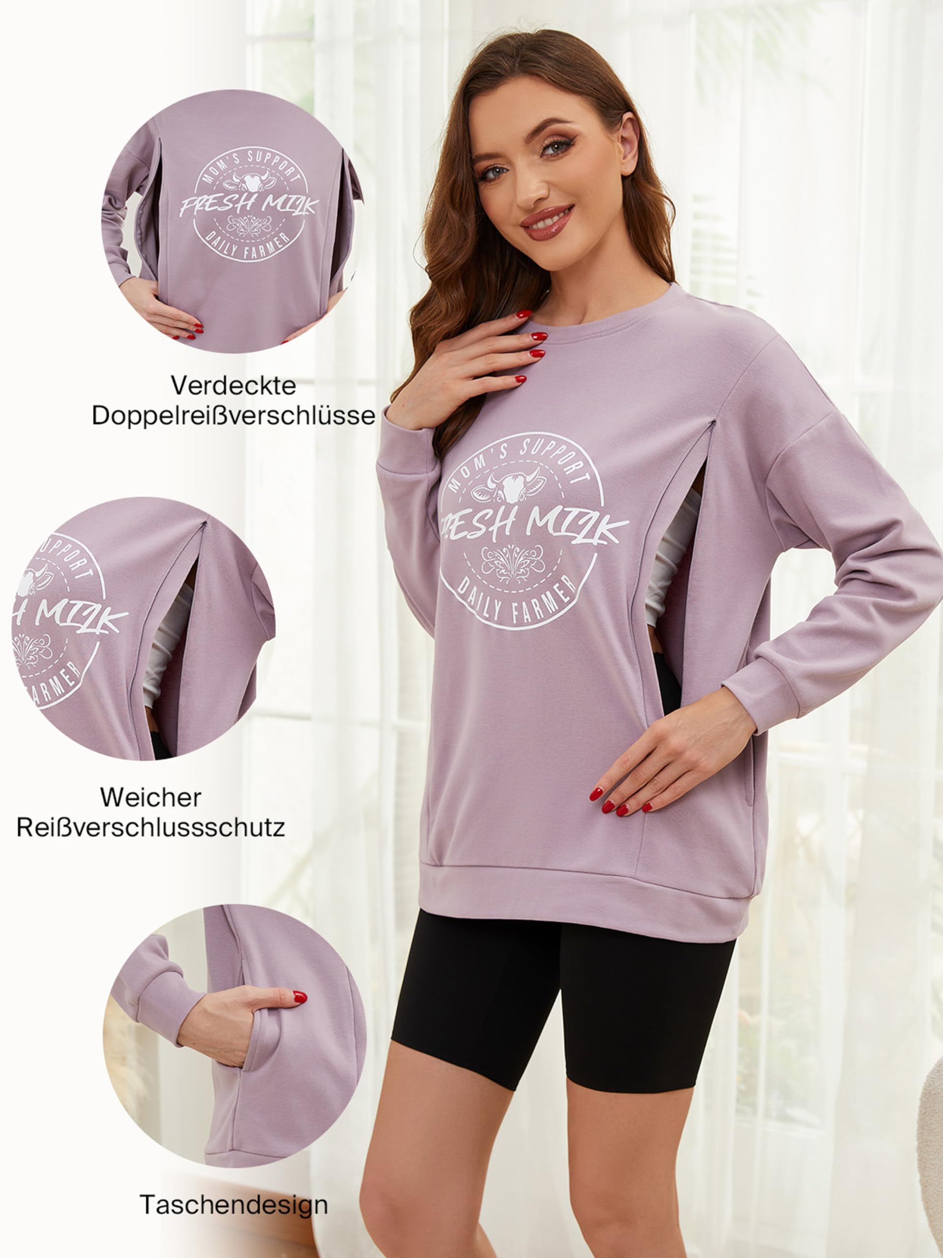 Mujer Manga Larga Camiseta de Lactancia Casual Cremallera Invisible Sudadera para Lactancia Ropa de Maternidad con Bolsillo