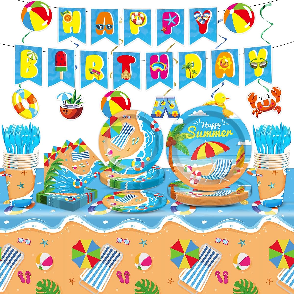 Qyeahkj 184 Pcs Beach Party Supplies Plates Napkins Set Includes Summer Plates Napkins Cups Tablecloth Swirls Banner Tableware Kit Beach Hawaiian Pool Birthday Decorations Favors for Kids, Serve 25