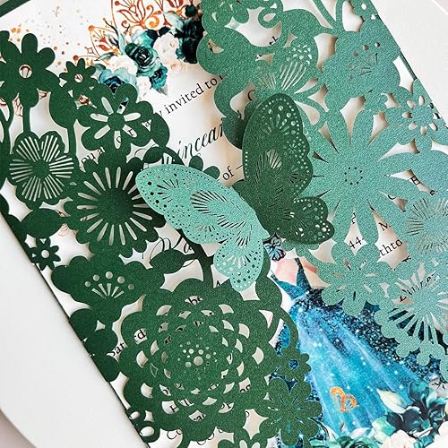 Miniatura 5 de Hosmsua 5.12 x 7.3 pulgadas, 50 tarjetas de invitación de quinceañera de flora de encaje de color verde esmeralda personalizadas con invitaciones de