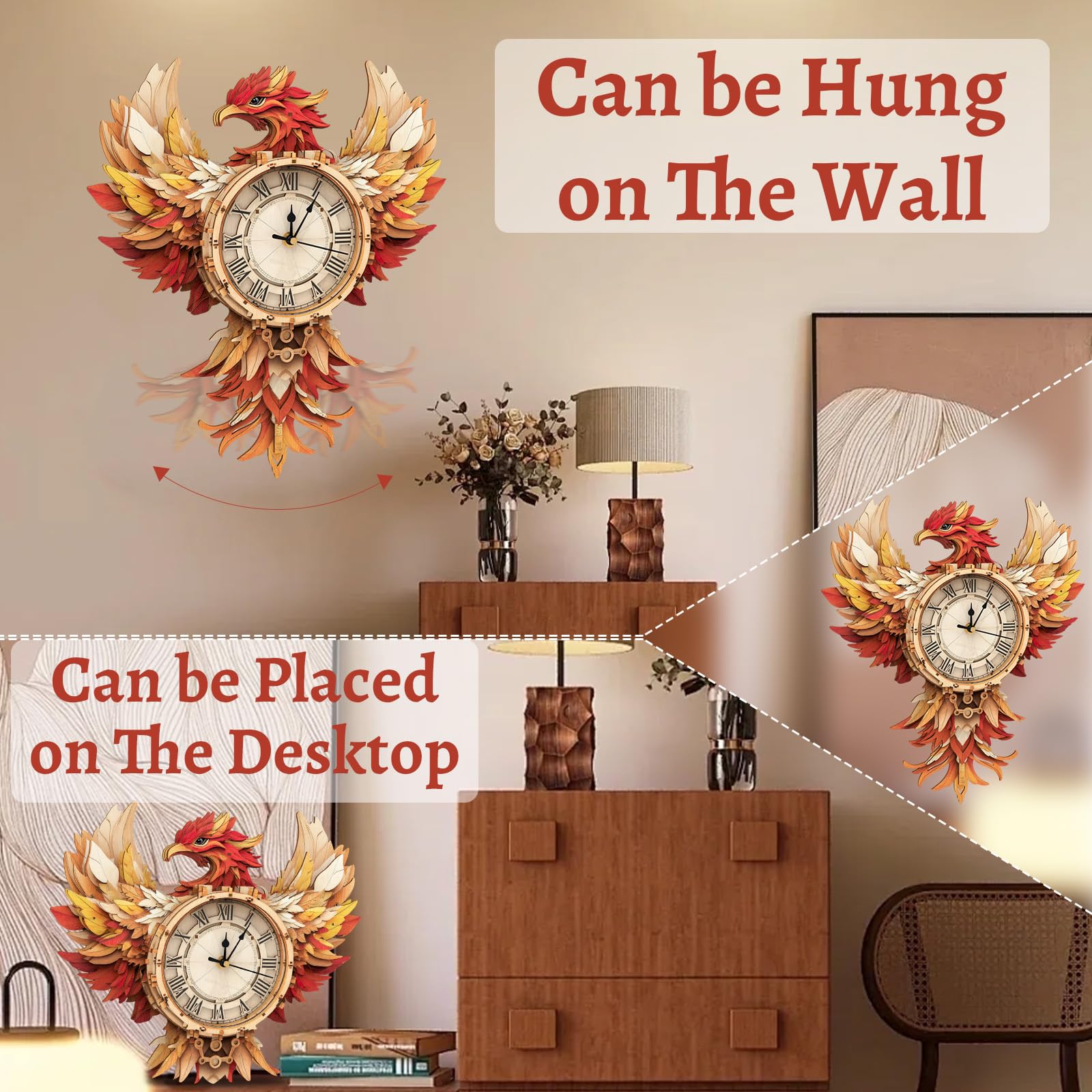 Puzzle in legno 3D per adulti, kit di orologio da parete meccanico fenice, kit di modelli in legno da costruire, regalo puzzle fai da te, decorazione per la casa, regali creativi per uomini
