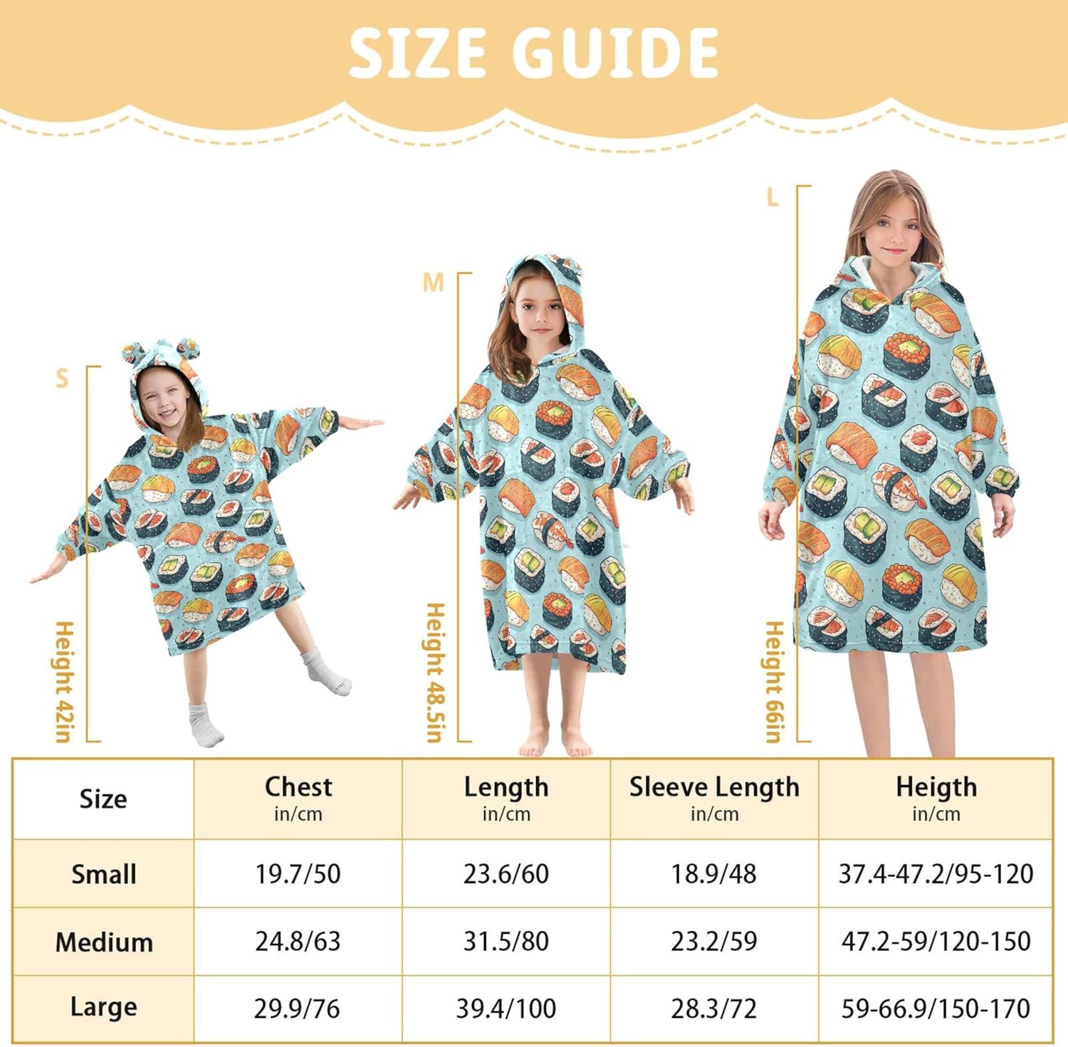 Sushi Food Kids Wearable Blanket Hoodie with Pocket and Sleeves for Toddlers, Cute Hoodies Girls Boys B0403694